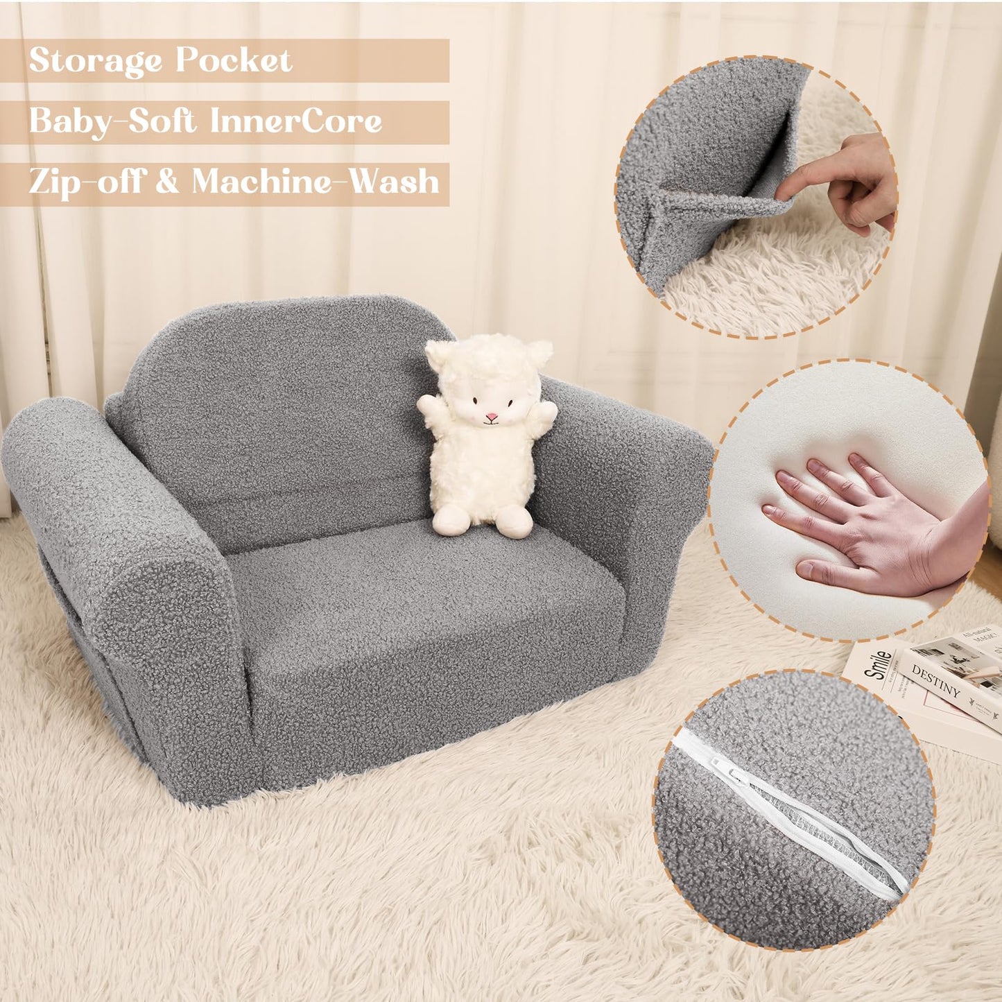 Hrebr Chairs for Toddler, 2-in-1 Toddler Soft Teddy Baby Couch Fold Out, Convertible Chair to Lounger for Girls and Boys|Safety Certified | Gift for Children