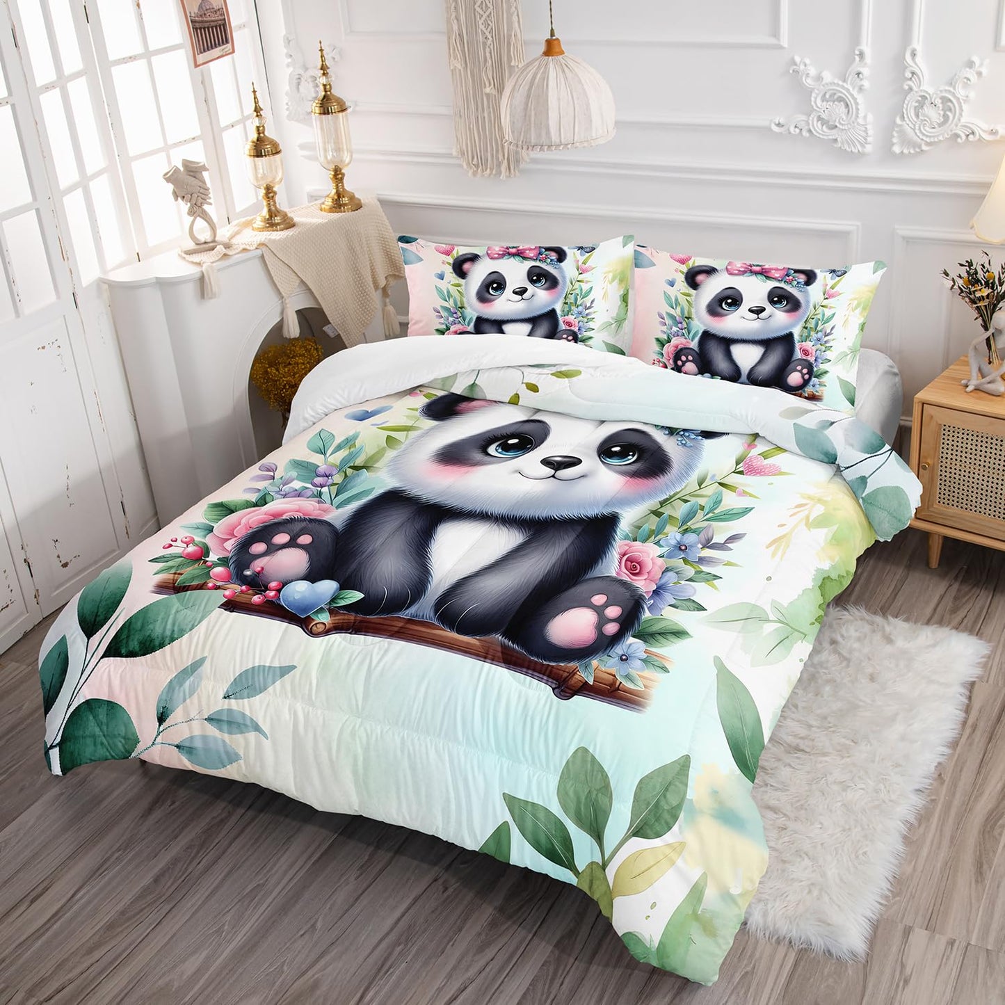 Kawaii Panda Comforter 3Pcs Twin Tie Dye Wildlife Flower Bear Bedding Set