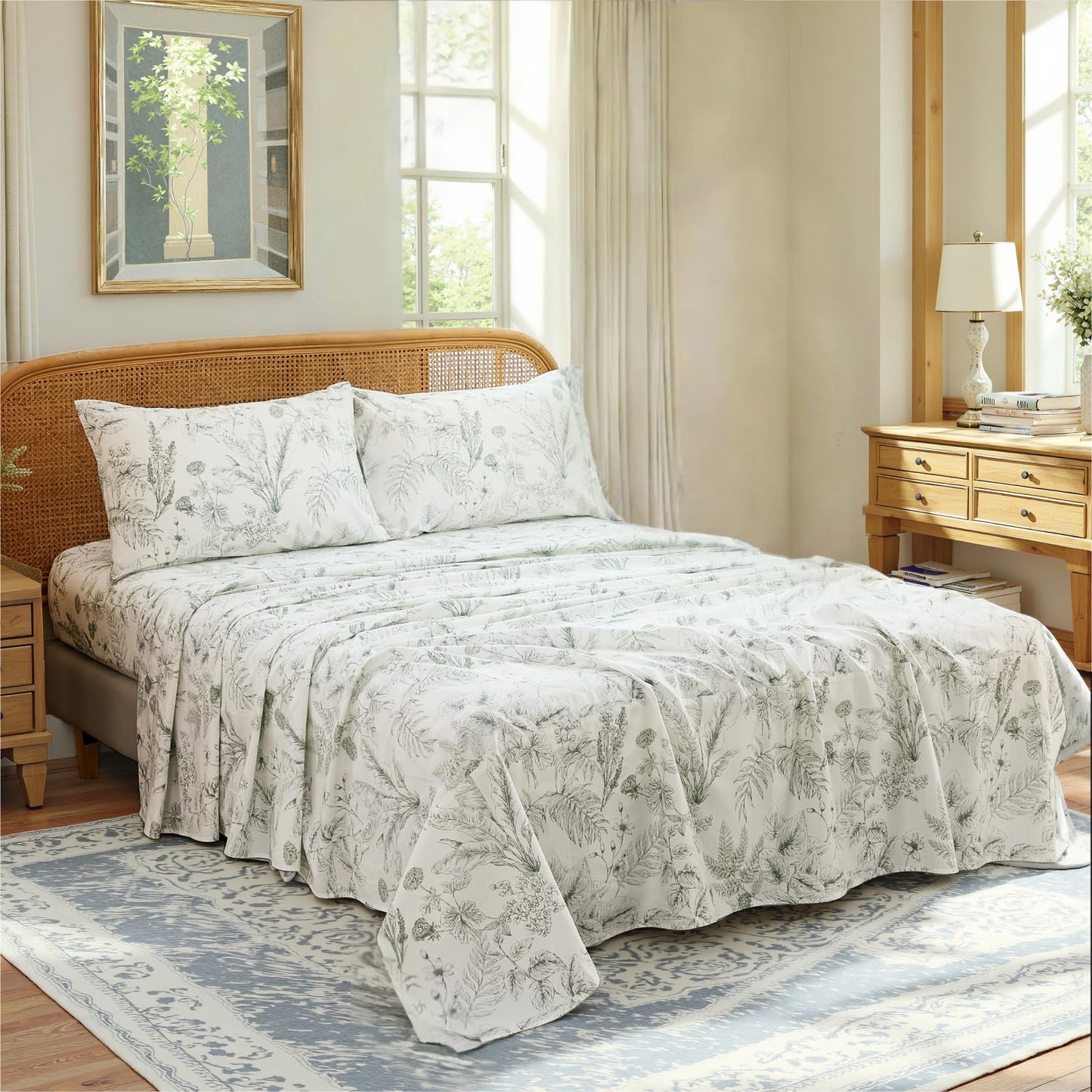 Cozaline 100% Cotton Sheet Set Queen Size – 4-Piece Chic Garden Floral Bedding Set, Soft Breathable Percale Weave, Deep Pocket Fitted Sheet 17.5", Crisp Cool Feel, Refined Botanical Elegance