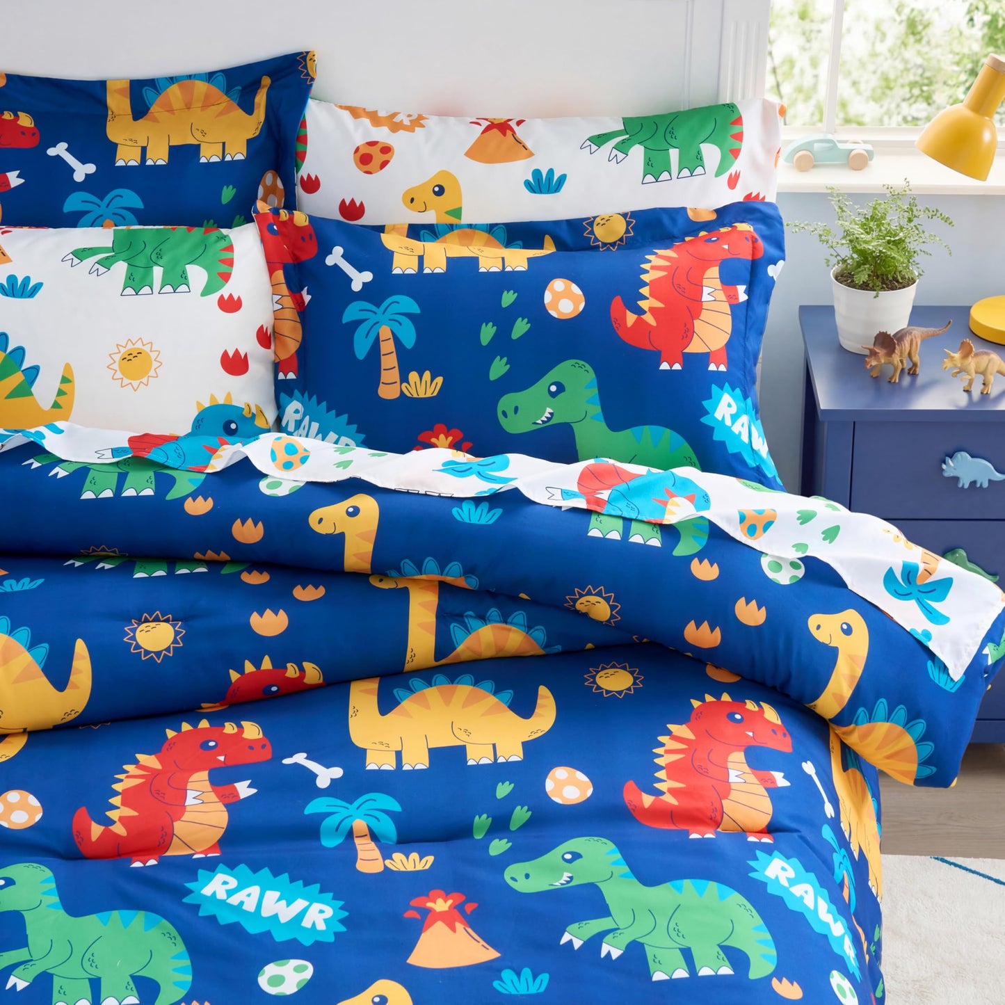 Joiedomi Kids Comforter Set Bedding Set for Boys Girls Super Soft Microfiber Bed in a Bag with Comforter Sheets Pillowcase Sham, Dark Blue Cute Dinosaur, Full