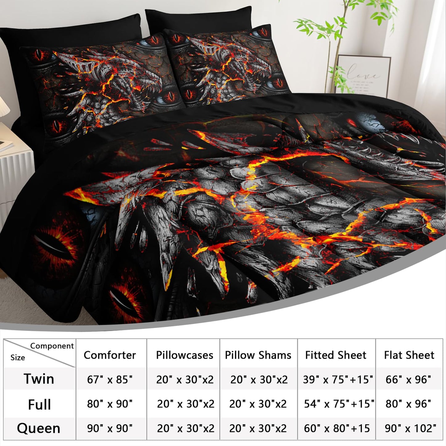 AILONEN Burning Ash Dragon Comforter Set,7-Piece Eye of The Dragon Bed in a Bag for Teen Boys Twin Size,Boho Style Comforter & Fitted Sheet with Flat Sheet & 2 Pillowcases,2 Pillow Cases