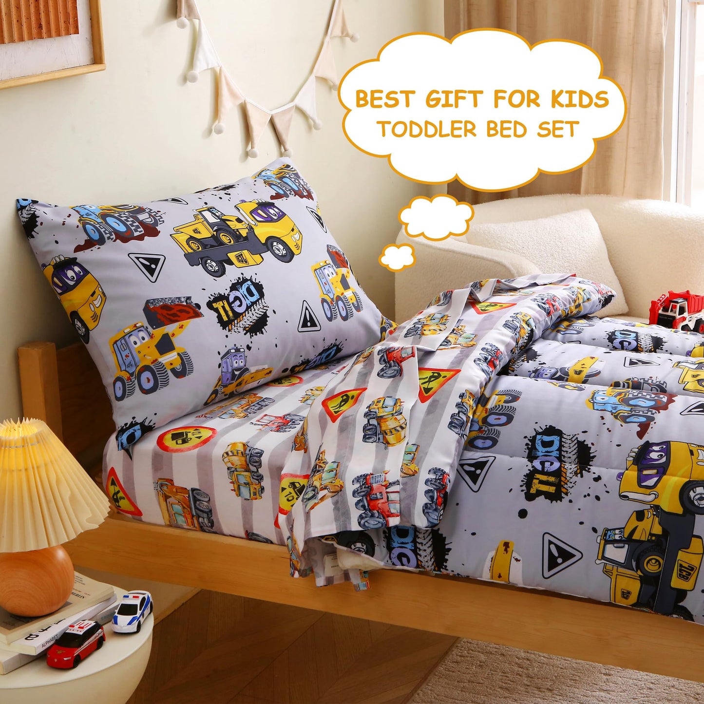 Mooreeke 4 Pieces Toddler Bedding Set - Grey Cool Heavy-Duty Vehicles Toddler Comforter Sets for Boys, Includes Comforter, Flat Sheet, Fitted Sheet and Pillowcase, Bed in A Bag for Baby Bedroom