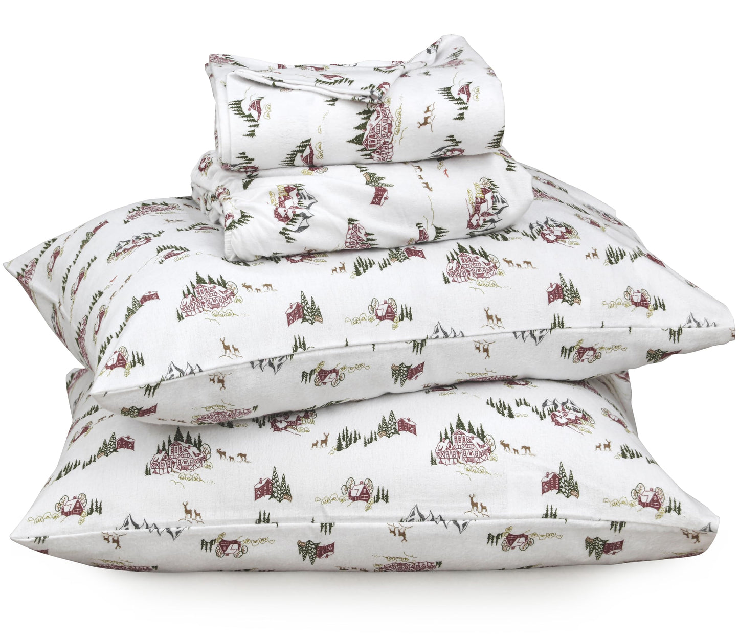 RUVANTI Flannel Sheets Queen Size - 100% Cotton Double Brushed Bed Sheets, Deep Pockets 16 Inches Queen Sheet Set, All Seasons Breathable & Extra Soft - Warm & Cozy, 4 Piece, Hilly Huts
