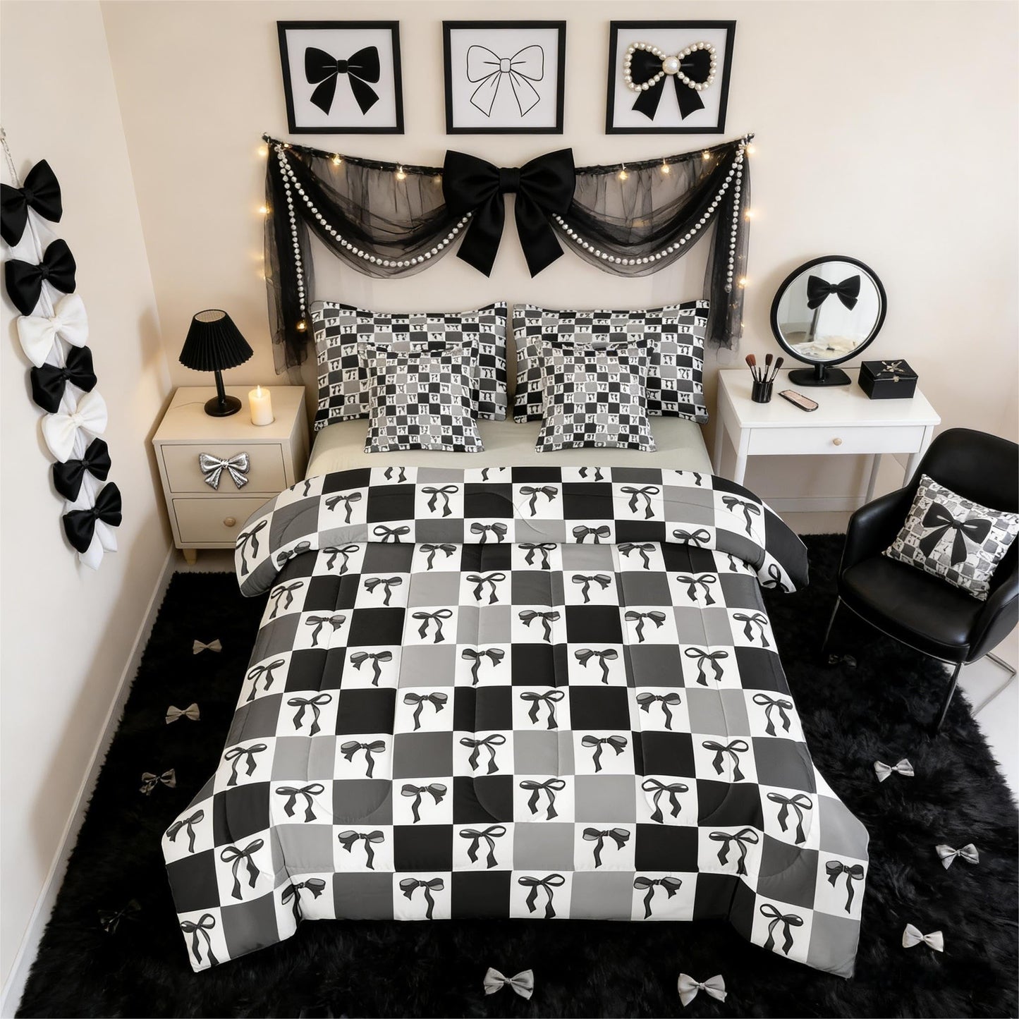 Erosebridal Bowknot 7 Piece Bedding Set Twin Grid Comforter Set with Sheets Cute Girly Geometric Plaid Check Bed in a Bag Aesthetic Kawaii Ribbon Bow Black for Kids Girls Women