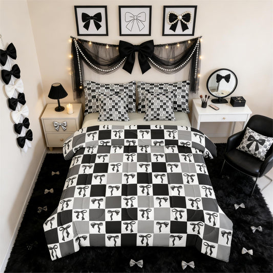 Erosebridal Bowknot 7 Piece Bedding Set Twin Grid Comforter Set with Sheets Cute Girly Geometric Plaid Check Bed in a Bag Aesthetic Kawaii Ribbon Bow Black for Kids Girls Women
