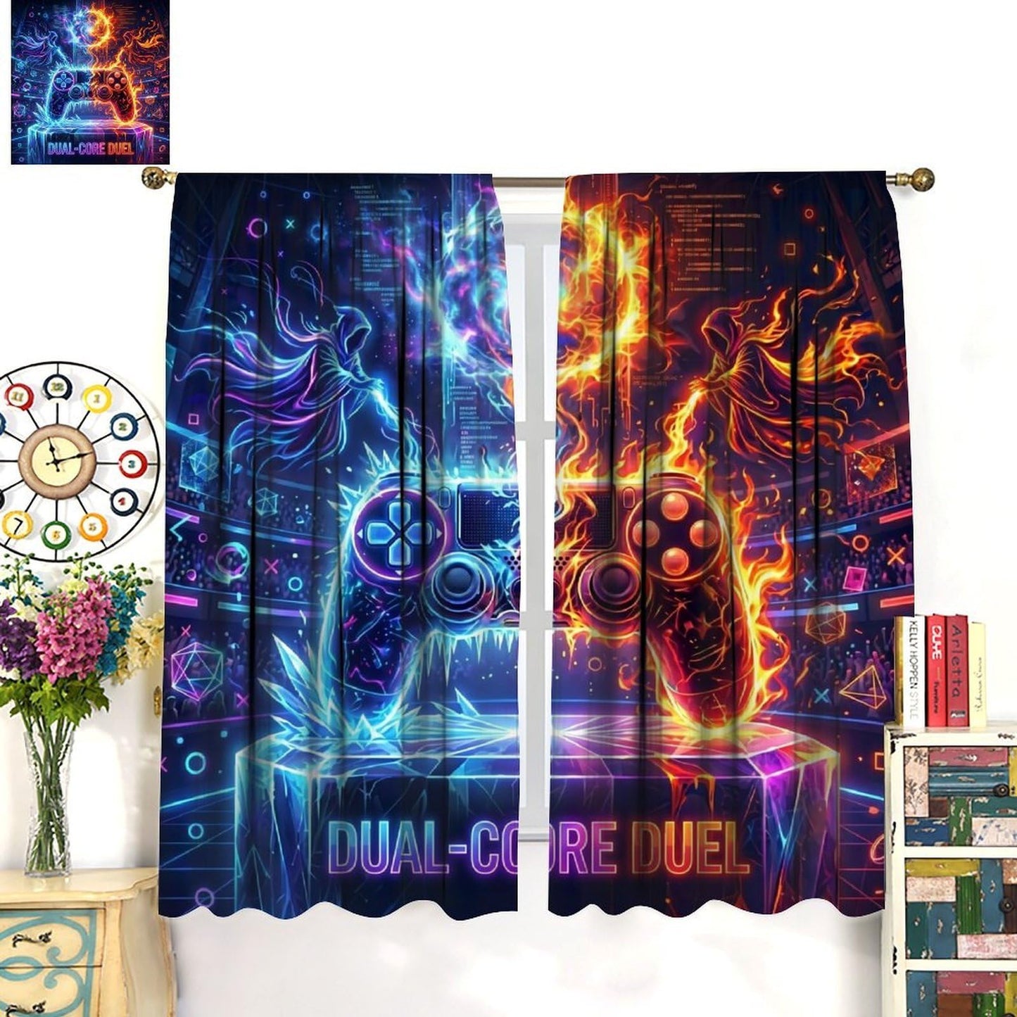 VUMIVI Gaming Curtains Cool Ice Fire Game Controller Cyberpunk Neon Dual-Core Duel Rod Pocket Window Treatments for Boys Bedroom Gamer Room Apartment Dorms Cafe 42" W X 44.5" L