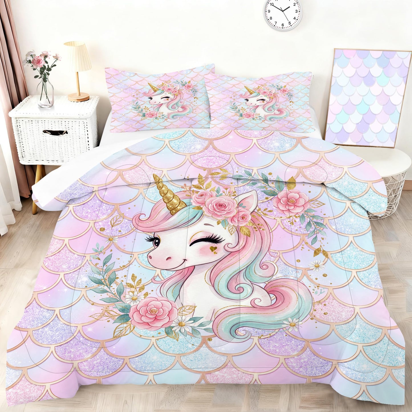 VTKON Unicorn Mermaid Bedding Set Twin Size, Pastel Pink Blue Glitter Scales Comforter Set, Magical Fantasy Bed Set for Kids Girls Room with 1 Comforter + 1 Pillowcase