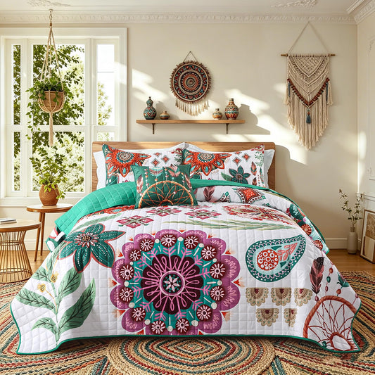BEDIFANY Velvet Quilt Set King Size, 3 Pieces Boho Ethnic Style Comforter Set, Lightweight Velvet Quilted Bedspread for All Season, Vintage Textile Print Quilt Bedding Sets