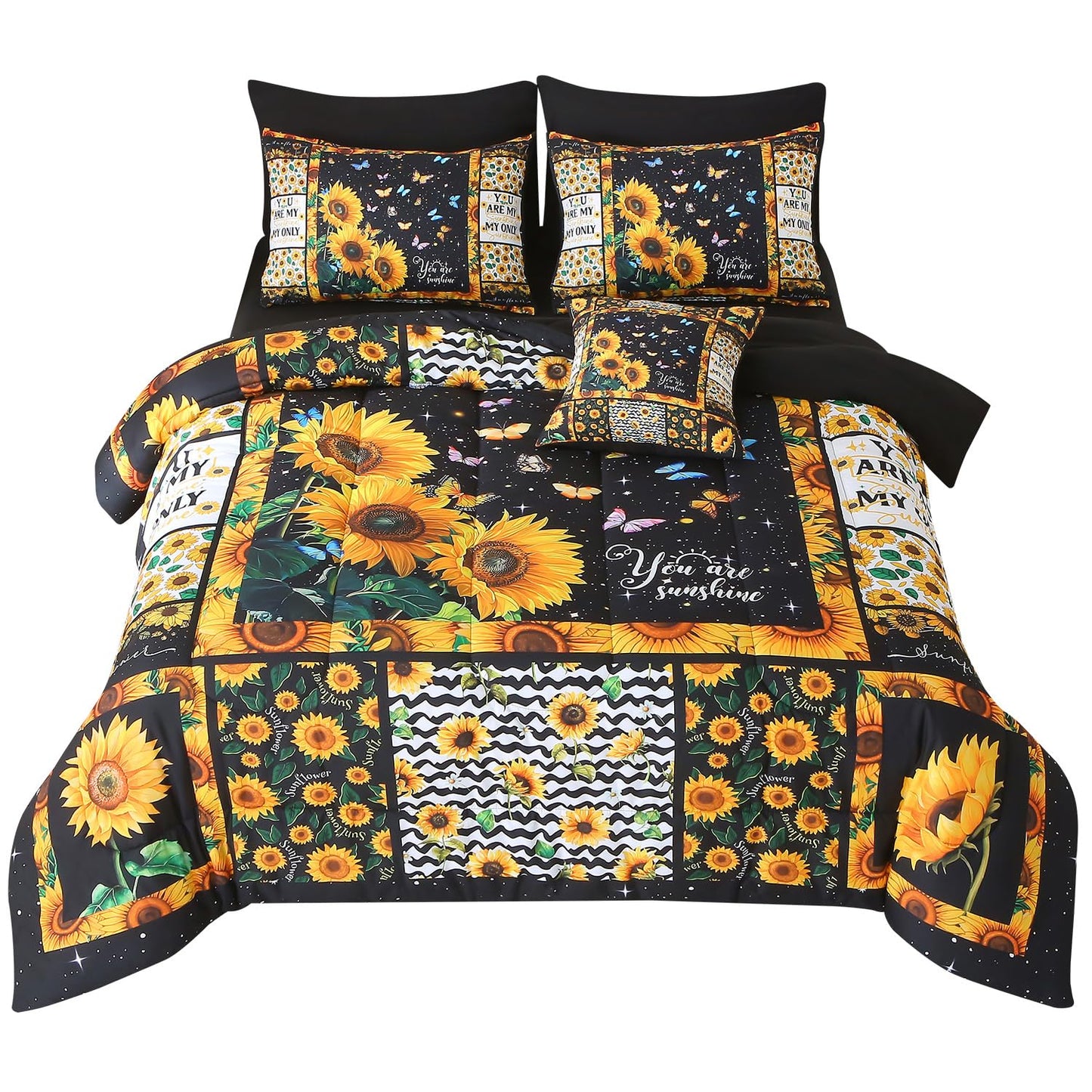 JQinHome Sunflower Comforter Set Twin for Girls Women,6 Piece Bed in A Bag 3D Black Sunflower Theme Butterfly Bedding Set with Sheet Set(Black)