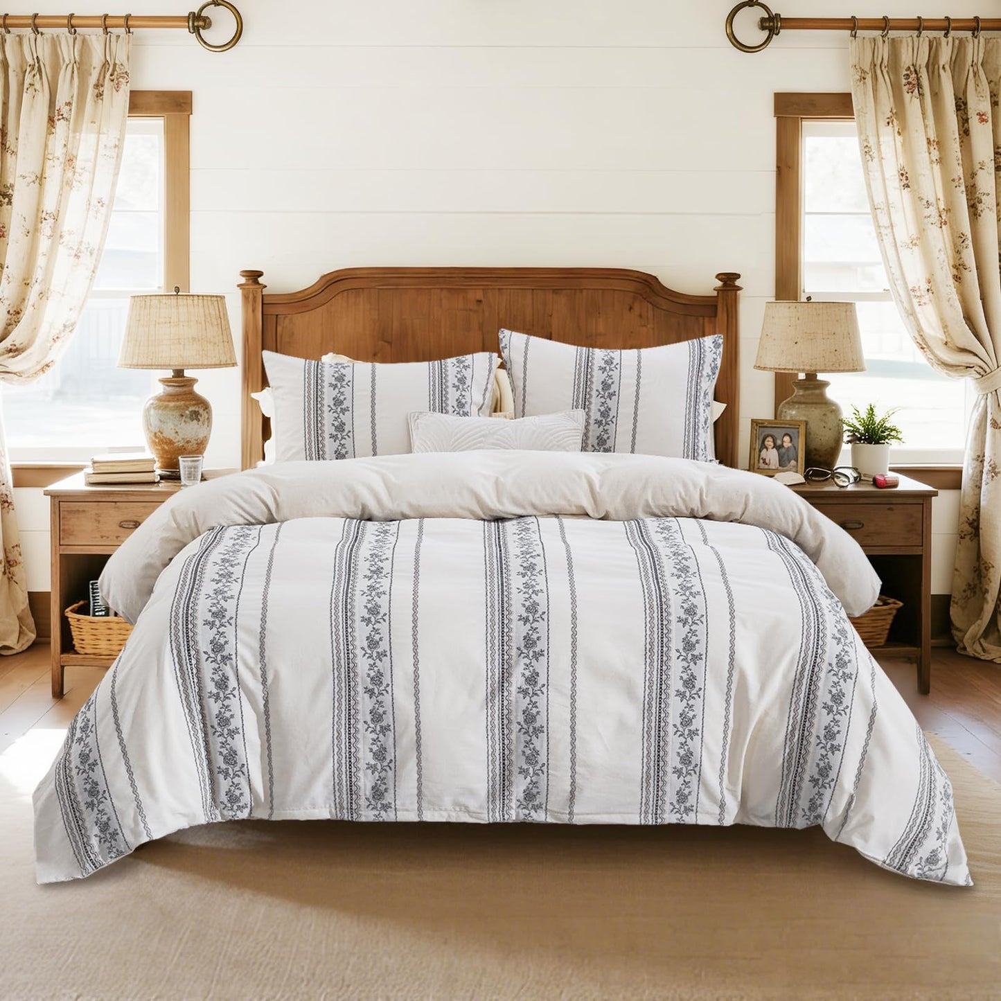 TodaFre Cotton Linen Duvet Cover King Size, Natural Rose Vine Stripe Textured Bedding Set, Cooling Moisture Wicking Breathable Linen Blend for Hot Sleepers (Off-White, 104" x 90")