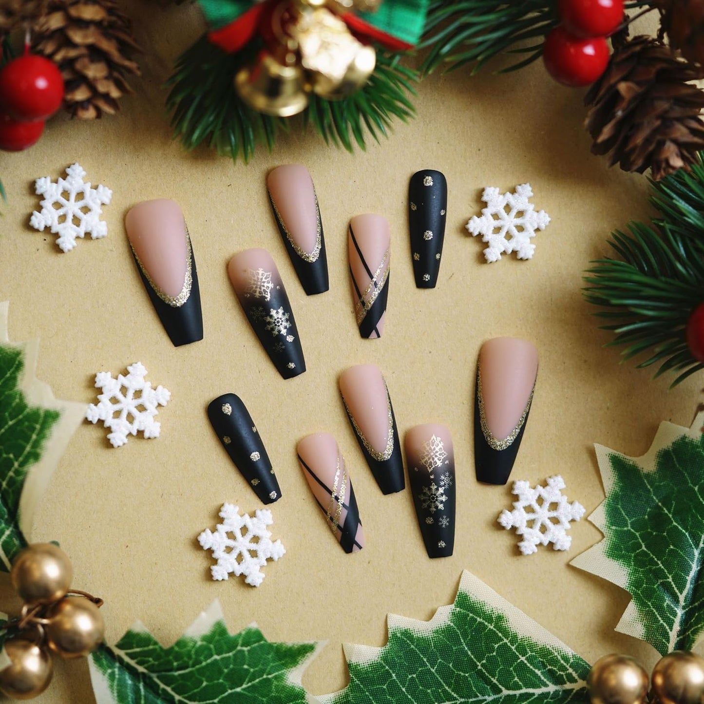 MISUD Press on Nails - Long Coffin Fake Nails with Black Gold, Acrylic Snowflake Glitter Design 24 pcs