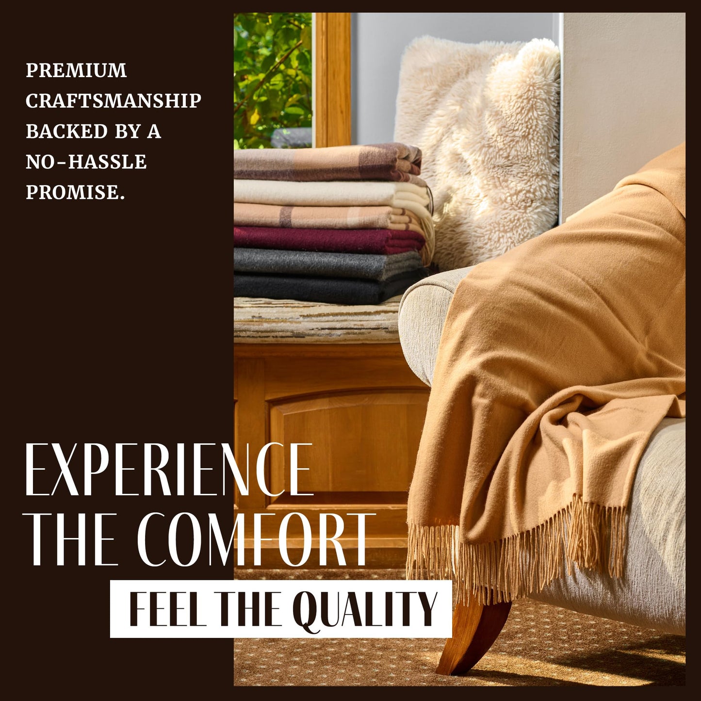 Velanio Cashmere 100% Cashmere Throw Blanket with Fringe 60 x 54 Inch Super Soft Warm for Home, Travel Sofa Bed (Camel)
