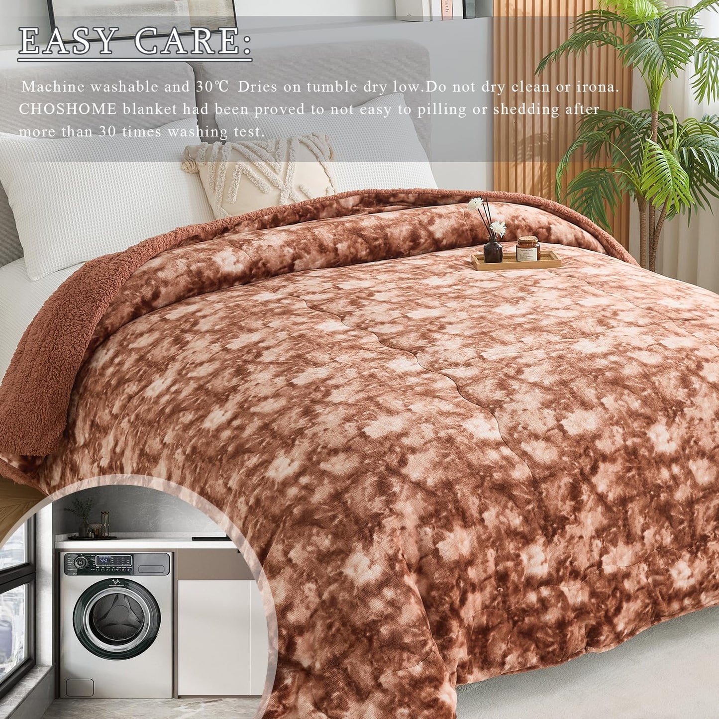 CHOSHOME Sherpa Fleece Blanket- Thick Warm Blanket for Winter, Soft Fuzzy Plush Blanket for Bed, Couch, Travel (Tie Dye Brown, King 90" x 108")