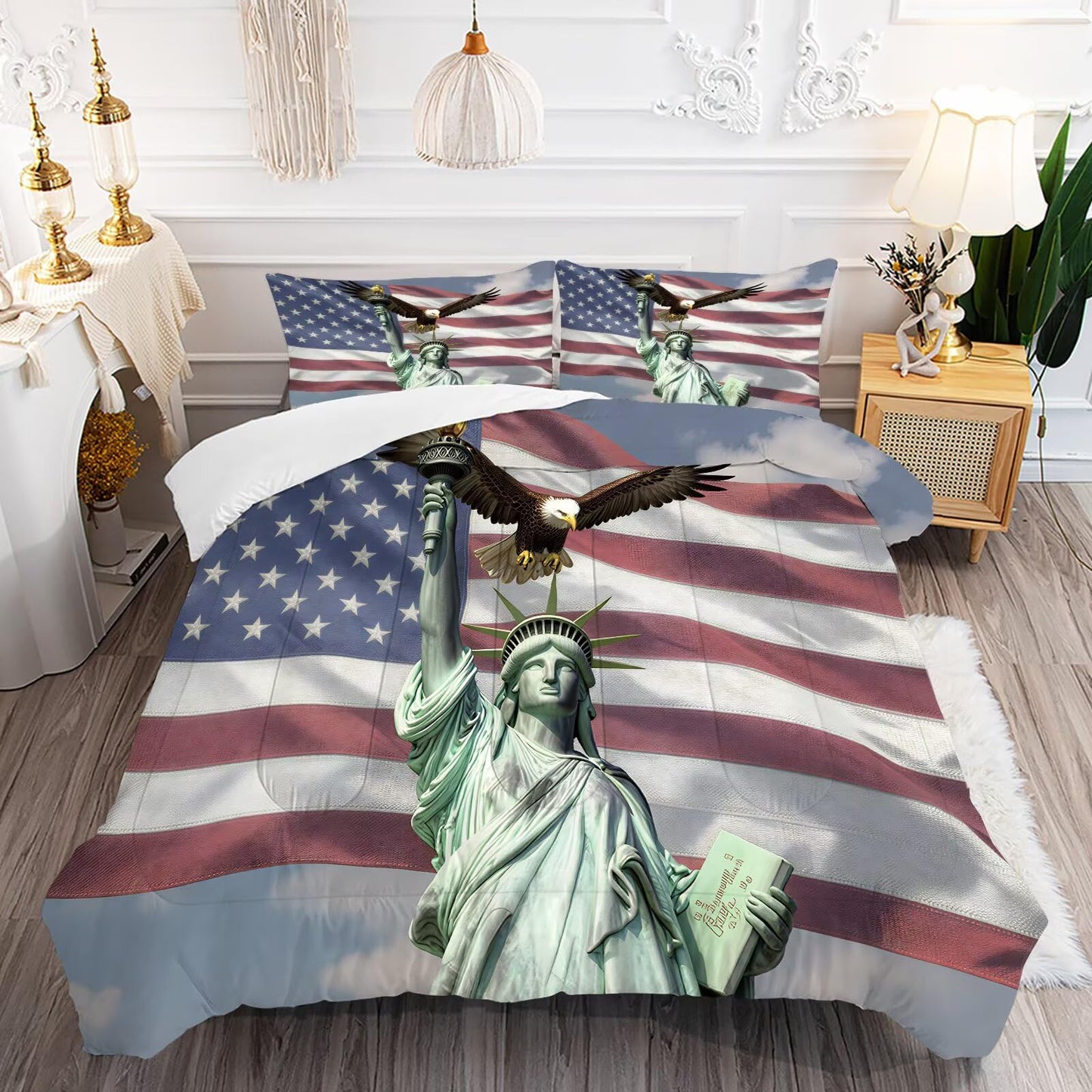 DJNEAR Eagle Comforter Set Full Size Stars Stripes USA American Flag Bedding Sets for Boys Kids Teens Adults Bedroom Decor Statue of Liberty Quilt 1 Comforter 2 Pillowcases