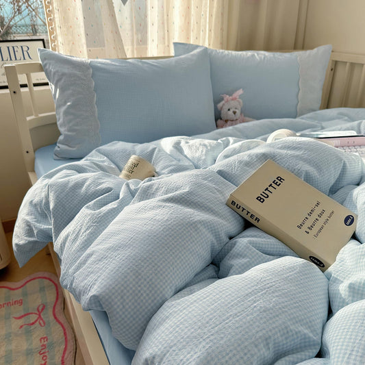 mixinni Blue Gingham Duvet Cover Twin Size - 3 Piece Cottagecore Plaid Bedding Set with Lace Trim, Soft Washed Microfiber Vintage Aesthetic Grid Comforter Cover & Pillow Shams, (Blue White Gingham)