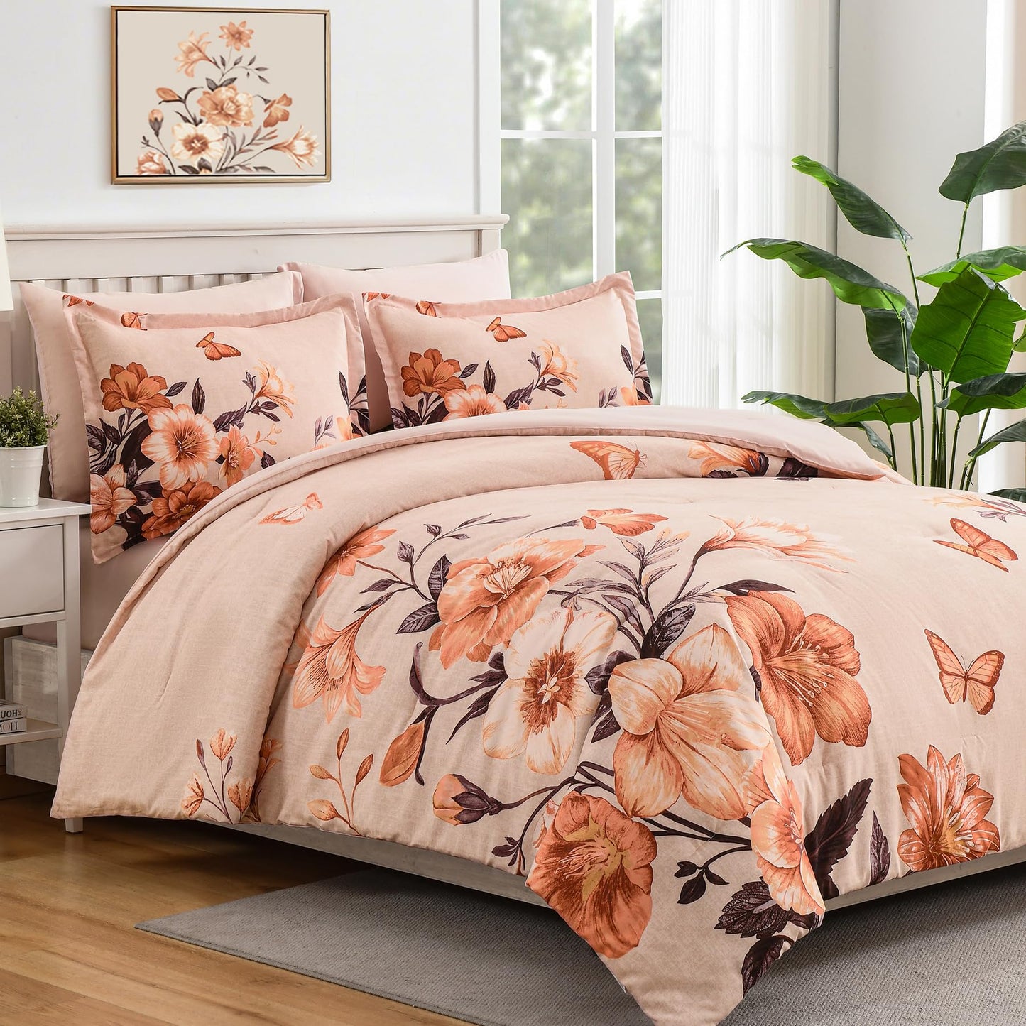 DHSFKBE Floral Comforter Set Queen Size,7 Piece Orange Bed in a Bag, Elegant Flower Pattern Comforter Set with Sheet, Soft Microfiber Complete Bedding Sets for All Season