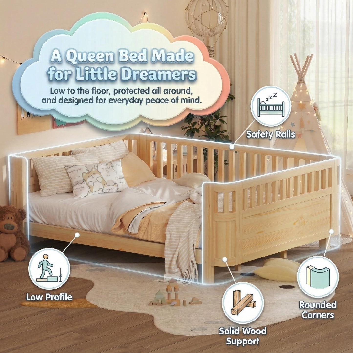 Duxelifin Queen Bed Frame for Kids with Rails, Low Profile Montessori Queen Bed with Detachable Side Rail, Solid Pine Wood Kids Daybed with Headboard, Footboard & Slat Support for Boys Girls, Natural