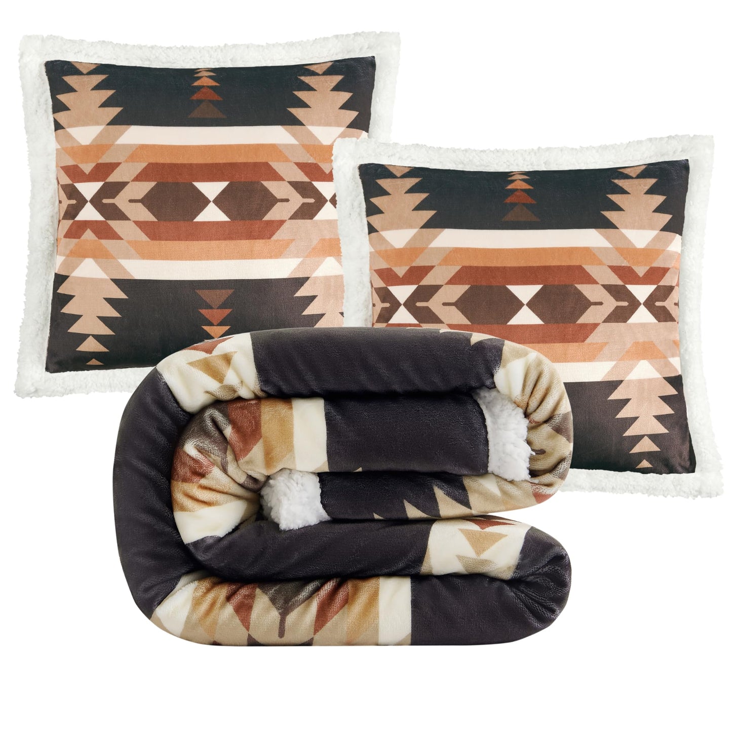 Paseo Road Indigo Hill by HiEnd Accents Yosemite Aztec 3 Piece Sherpa Throw Blanket Set, Tribal Navajo Print Fleece Throw Set, Western Southwestern Style, 1 Throw and 2 Pillows