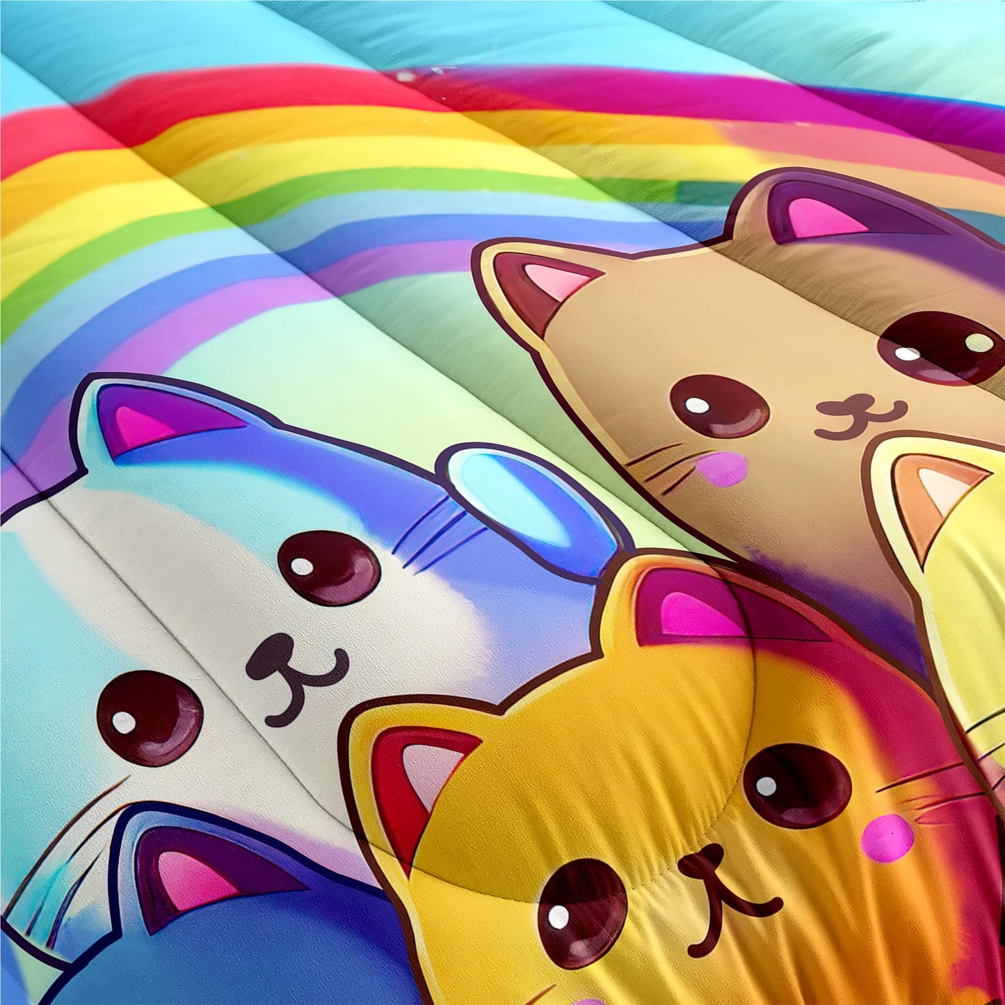 Jiospet Rainbow Cat Comforter Twin Size - Cute Cartoon Bedding for Girls Room, Twin Comforter Set with 1 Comforter + 1 Pillowcase