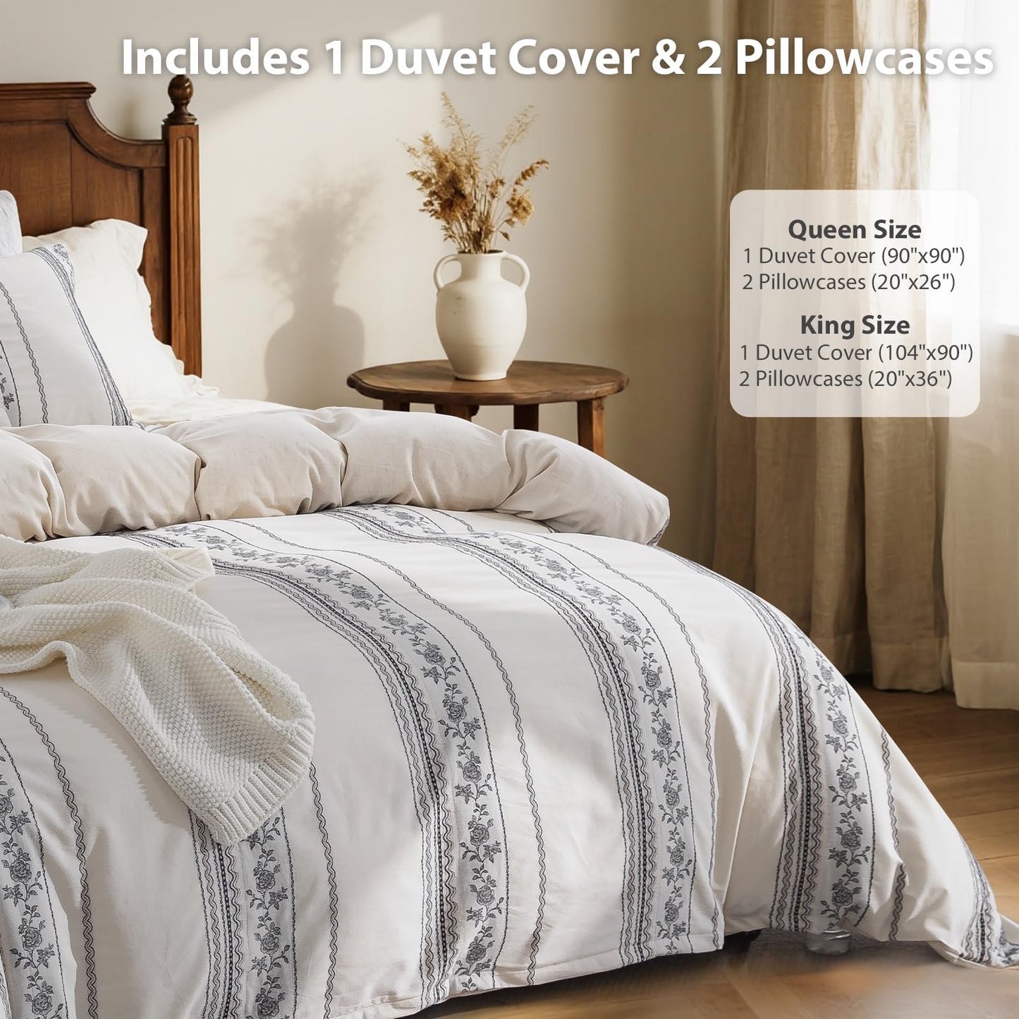 TodaFre Cotton Linen Duvet Cover King Size, Natural Rose Vine Stripe Textured Bedding Set, Cooling Moisture Wicking Breathable Linen Blend for Hot Sleepers (Off-White, 104" x 90")