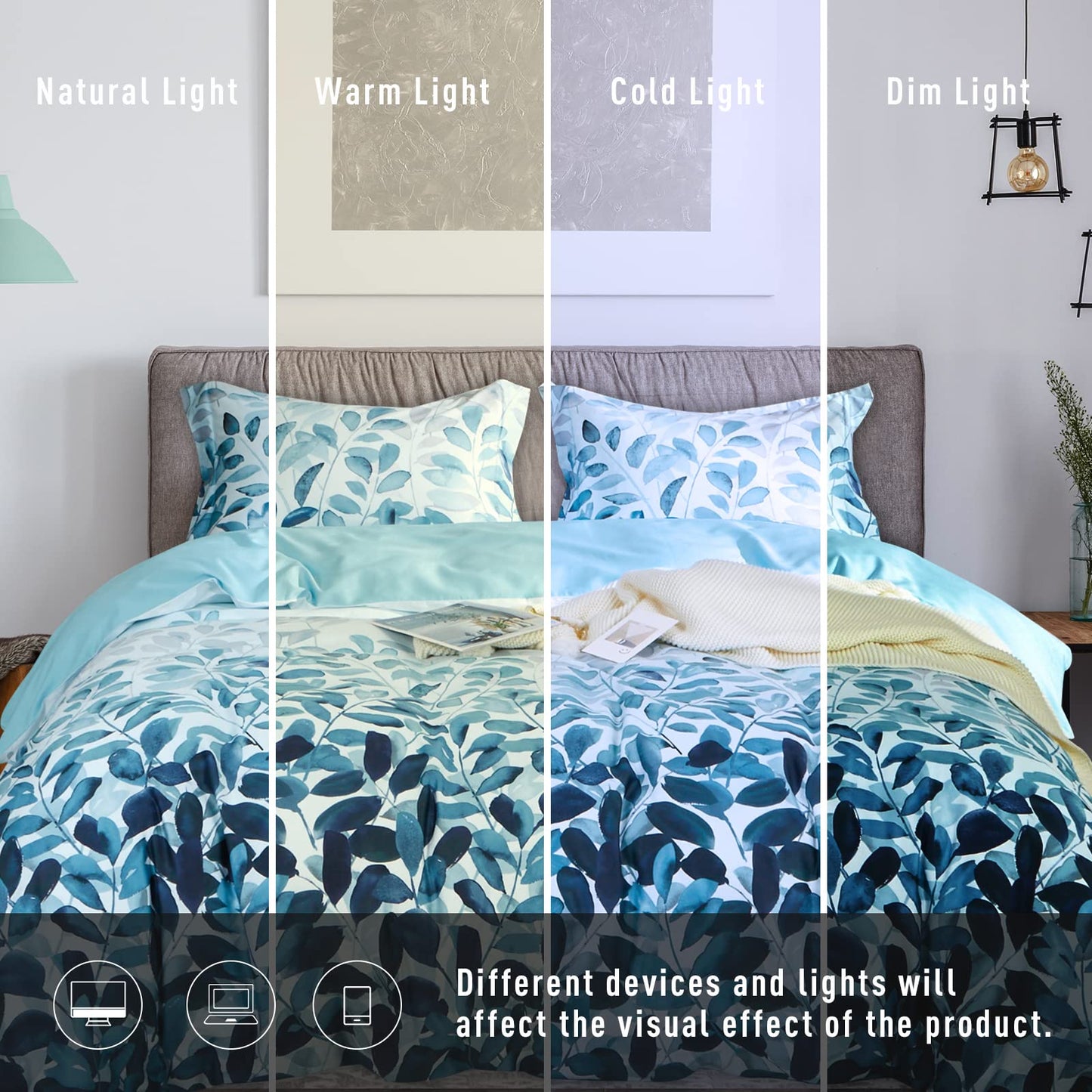MILDLY 100% Long Staple Cotton Duvet Cover Set Navy Blue Leaves Printed Comforter Cover Set