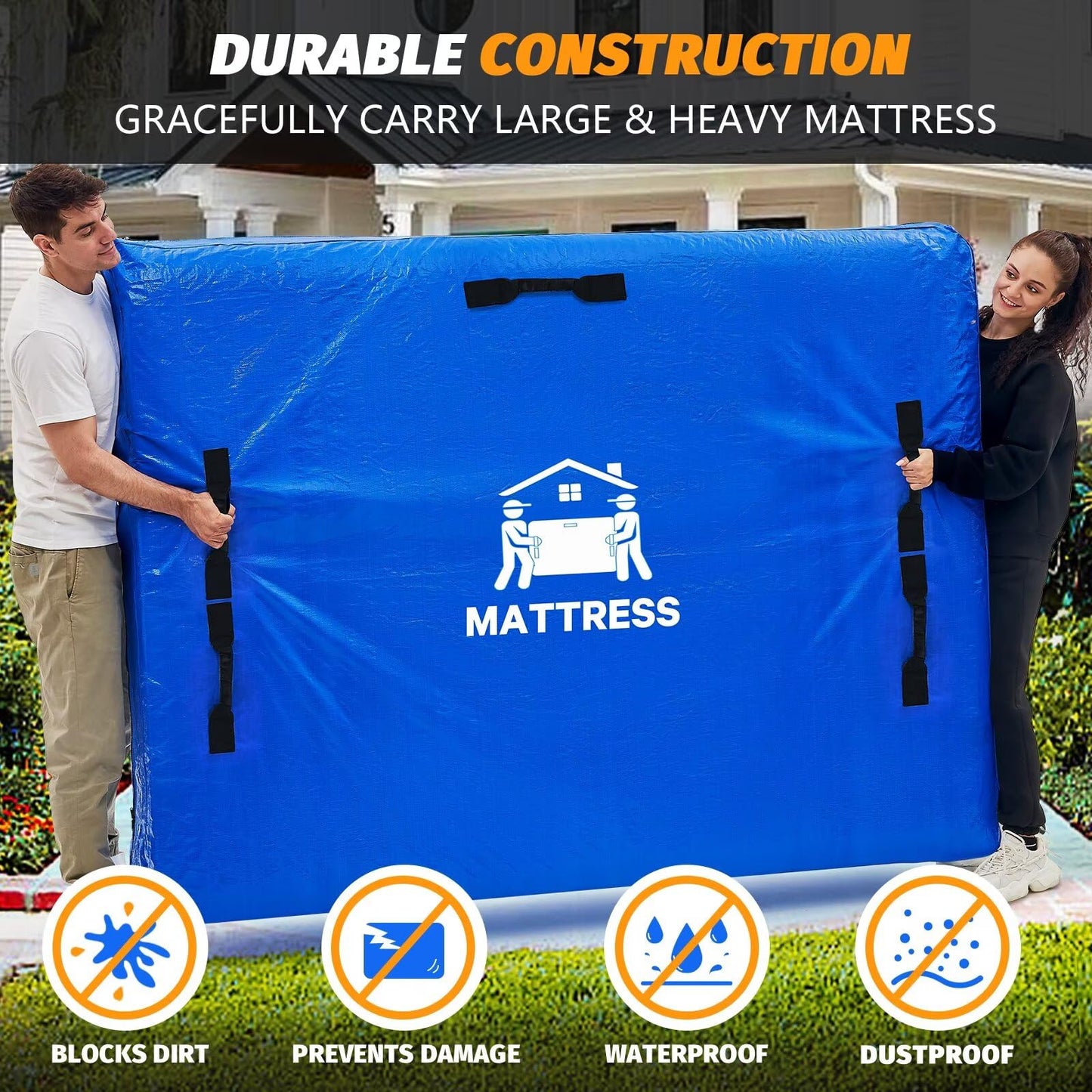 Mattress Bags for Moving, BETU Mattress Protector Waterproof Mattress Cover King Size Storage Bags with 8 Heavy-Duty Handles and Zipper for Bed Extra Thick Large Reusable (82"x79"x15" Blue)