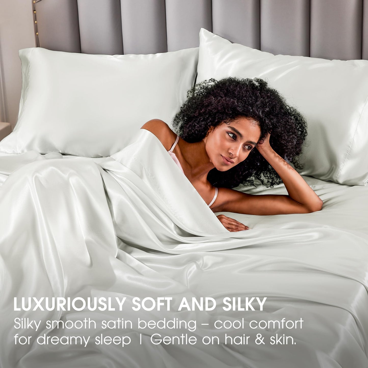 FreshCulture Satin Sheets Full Size - 4 Piece Luxury Soft Silky Full Size Bed Sheets, Similar to Silk Bed Sheet Set with 1 Deep Pocket Fitted Sheet, 1 Flat Sheet & 2 Pillowcases (Ivory White)