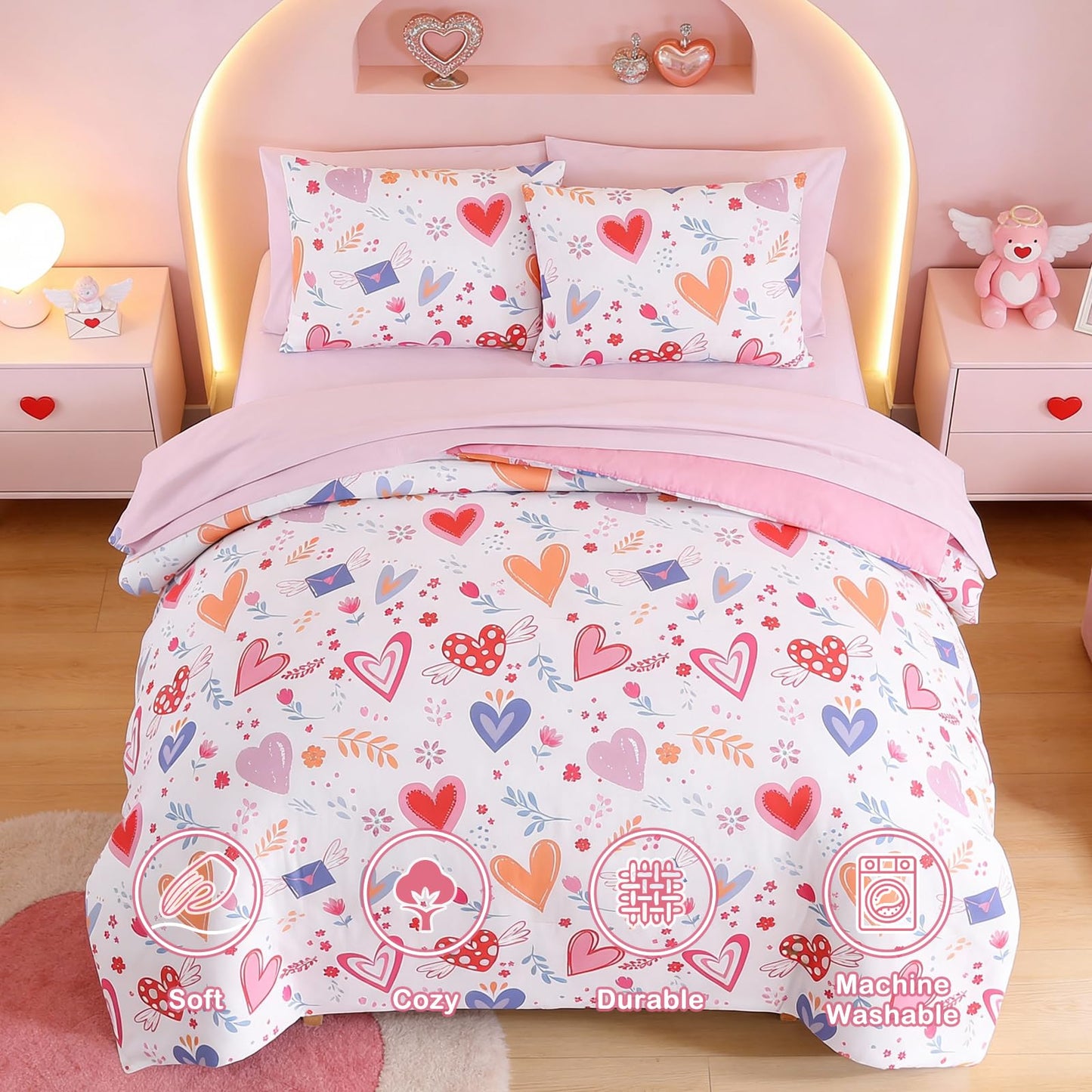 Kaleido Space Twin Comforter Set for Girls Kids - 5 Pieces Heart Twin Bedding Sets for Girls Teen, Soft Cozy Bed in A Bag with Sheets