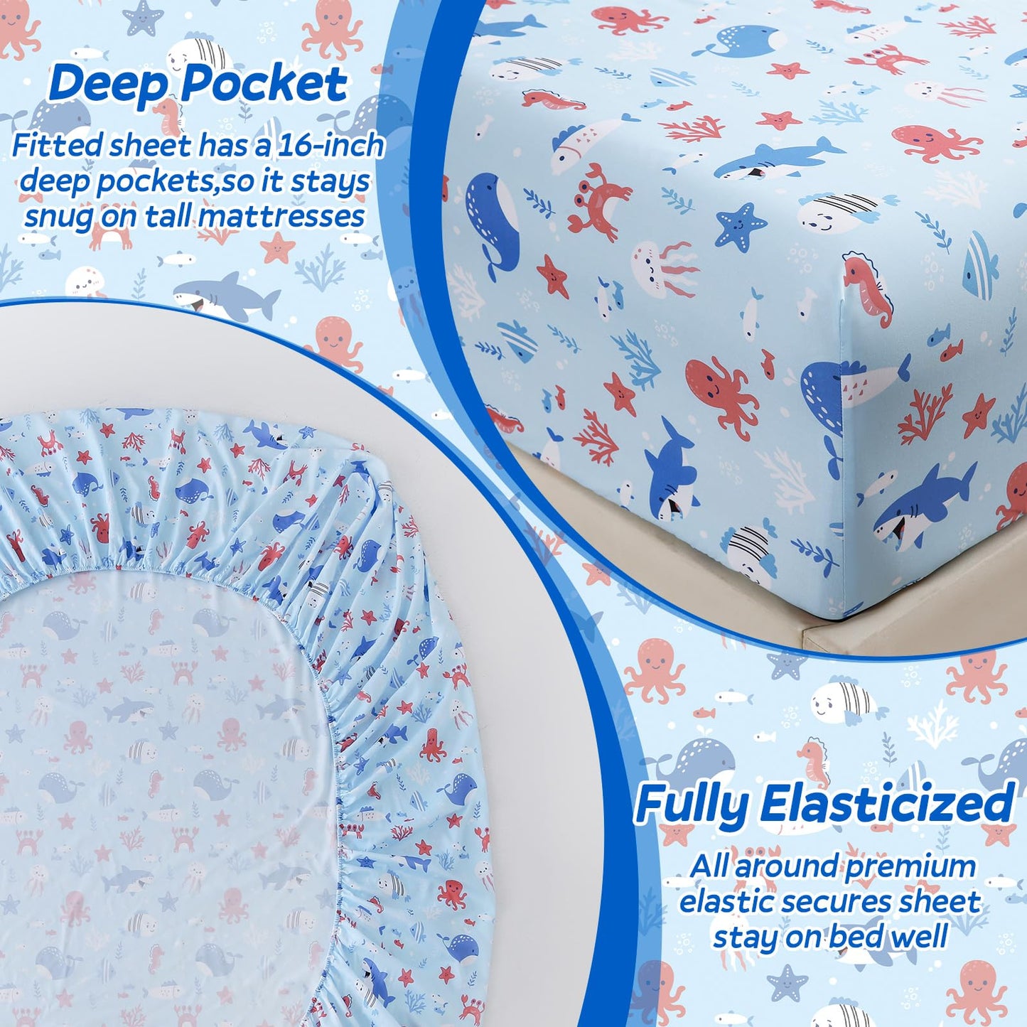 ChicView Queen Sheet Set Kids,4 Pieces Breathable Soft Microfiber Bedsheets for Child Boys Girls, Anti Pilling Deep Pockets Easy Care Bed Sheets, Ocean Animals