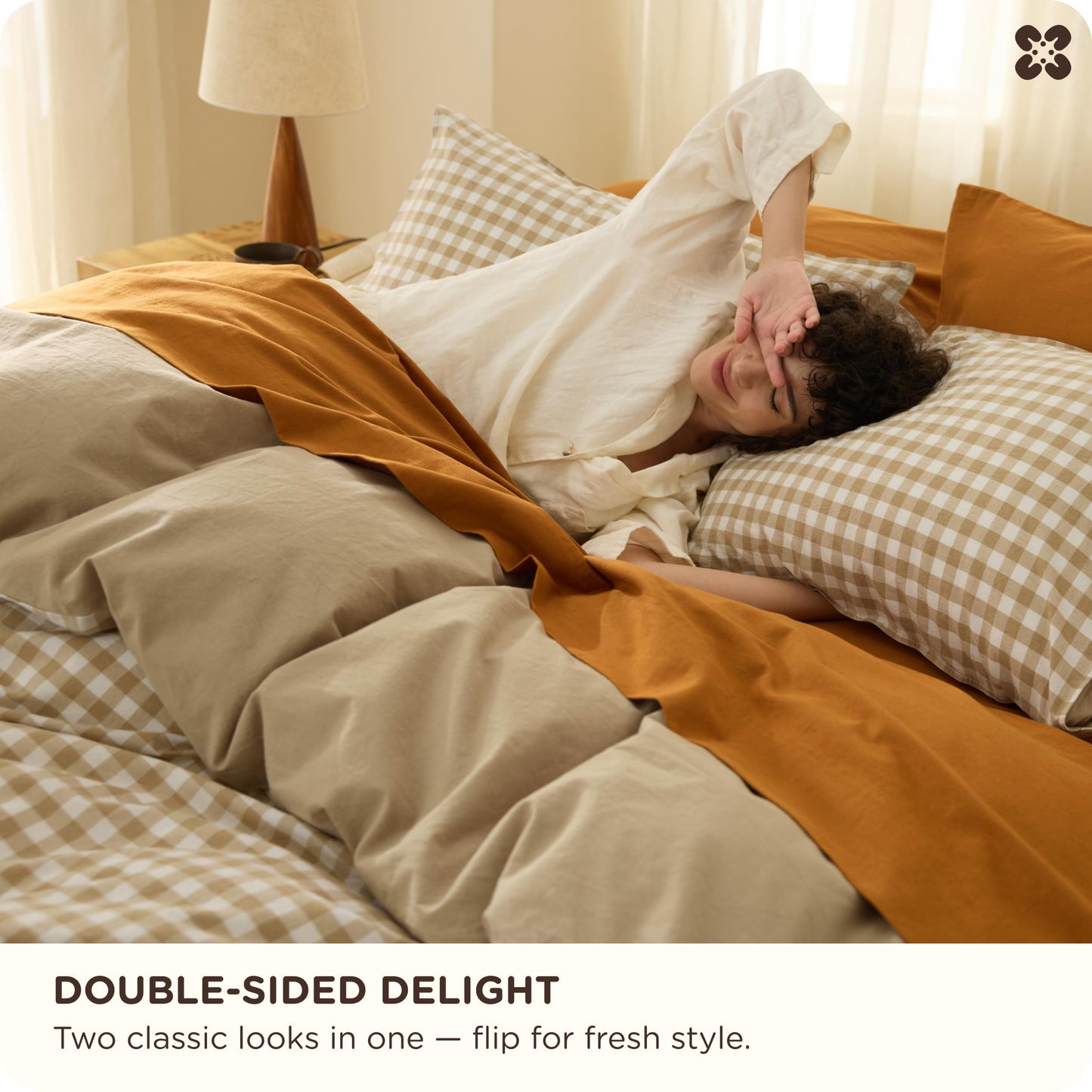 Bedsure Gingham Duvet Cover Queen Size, 100% Washed Cotton PureWoven Duvet Cover Linen Like Textured, Classic Yarn-Dyed Checkered Pattern Enhances Bedroom Comfort and Style, Gingham Khaki, 90"x90"