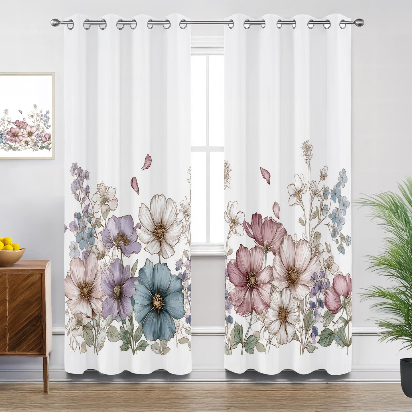 Solvivae Floral Blackout Curtains for Bedroom Living Room, Shabby Chic Floral Botanical Patterned Window Treatments, Room Darkening Thermal Insulated Grommet Drapes, 84 Inch Curtains 2 Panel Set