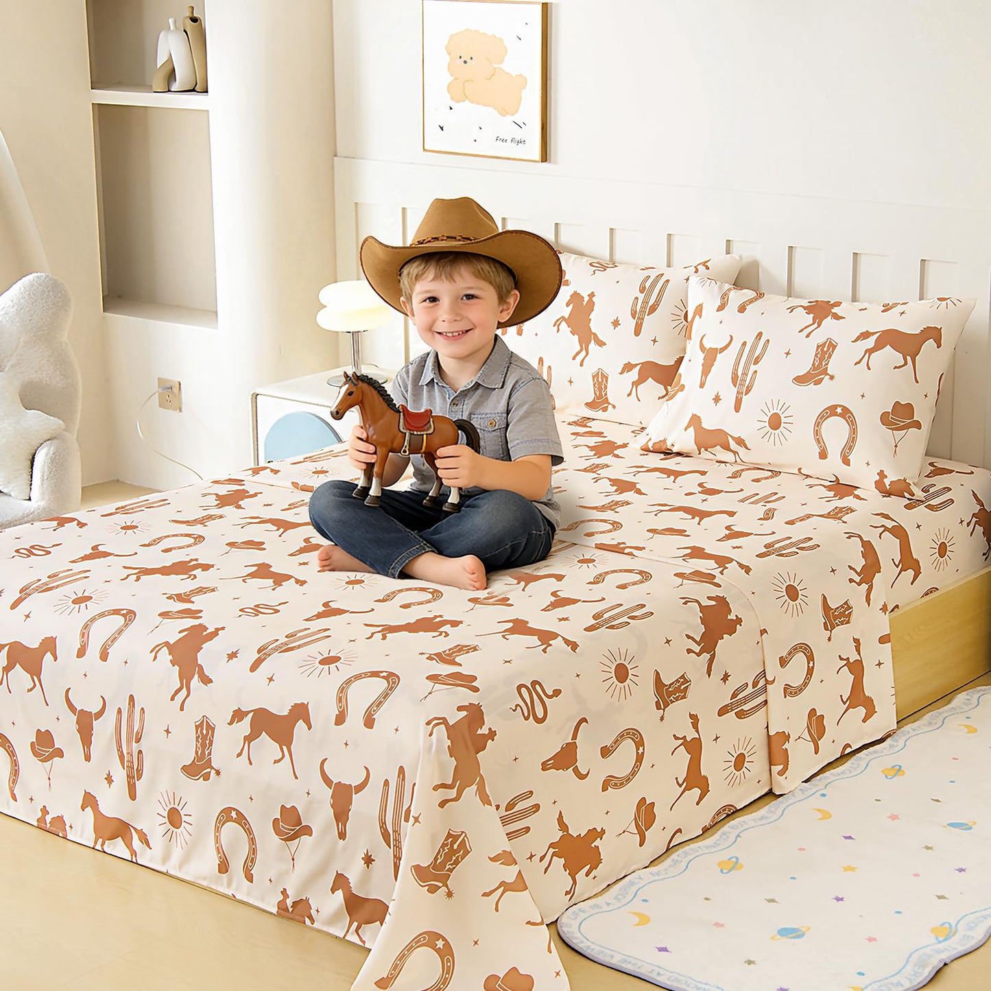 Homilay Full Sheet Set Kids - West Cowboy 4 Pieces Soft Microfiber Cartoon Style Bedsheets for Boys Girls Teens, Oeko TEX Breathable 15 Inch Deep Pocket Sheets(Yellowstone)