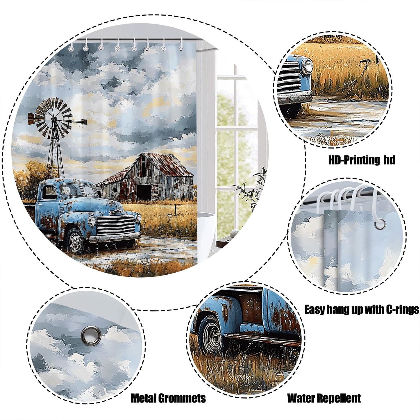SATRTUD Rustic Blue Truck Shower Curtain Vintage Wooden Barn American Old Antique Car Retro Farmhouse Western Farm Country Nature Landscape Polyester Fabric Bathroom Curtain with Hooks 70x70 Inch