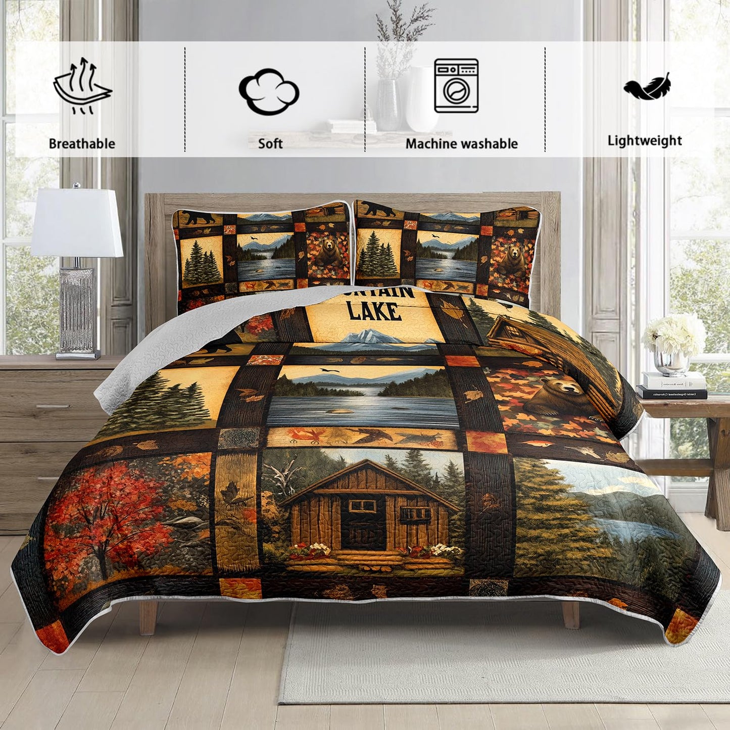 UEVBF Country Cabin Quilts King Size,Bear Forest Bedding Set for Room Decor,3-Piece Lightweight All Season Quilt Set,Countryside Bedding with 2 Pillowcases.