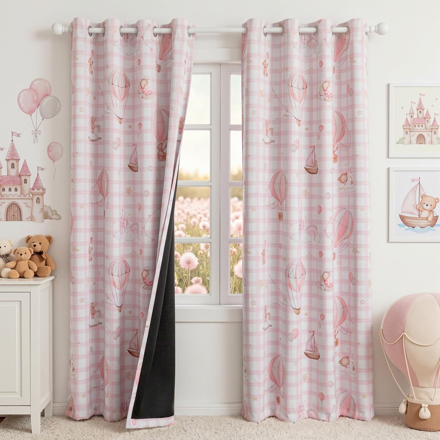 MYSKY HOME Girls Pink Nursery Blackout Curtains Plaid Curtains 84 Inch Length 2 Panels Set Cute Patterns Grommet Window Treatments Thermal Insulated for Kids Girls Bedroom Living Room, Each Panel 52"W