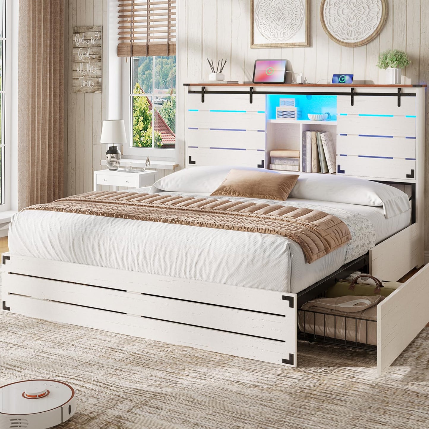 VIAGDO Wooden Bed Frame Full Size with Bookcase Headboard and Sliding Barn Door, Farmhouse Bed Frame Full Size with Charging Station, LED Lights and 4 Storage Drawers, No Box Spring Needed, White