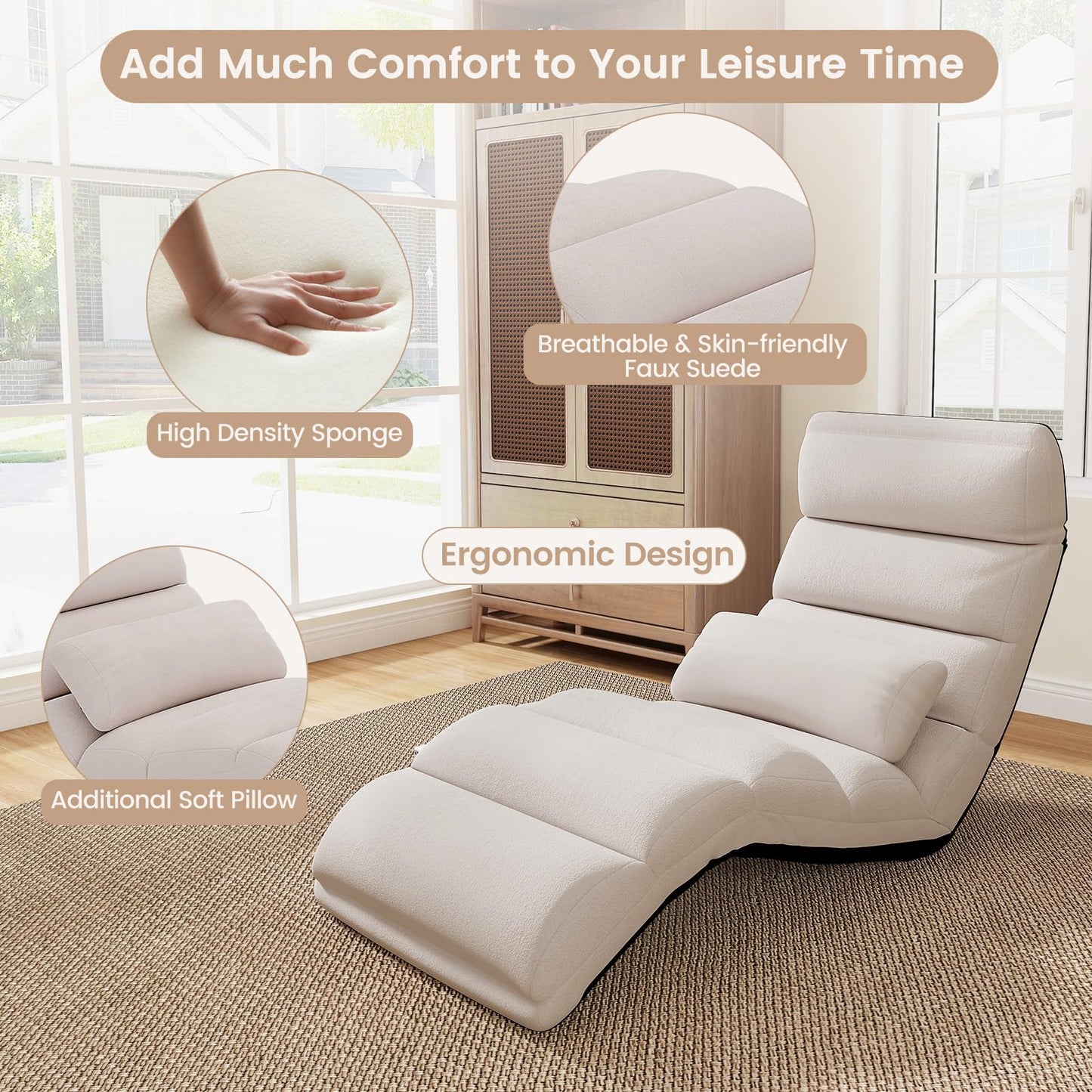 KOMFOTT Foldable Floor Lazy Sofa with Pillow, Indoor Chaise Lounge with 5 Adjustable Positions, Adjustable Back Support & Footrest, Video Gaming Chair for Home, Office, Reading, Watching (Beige)
