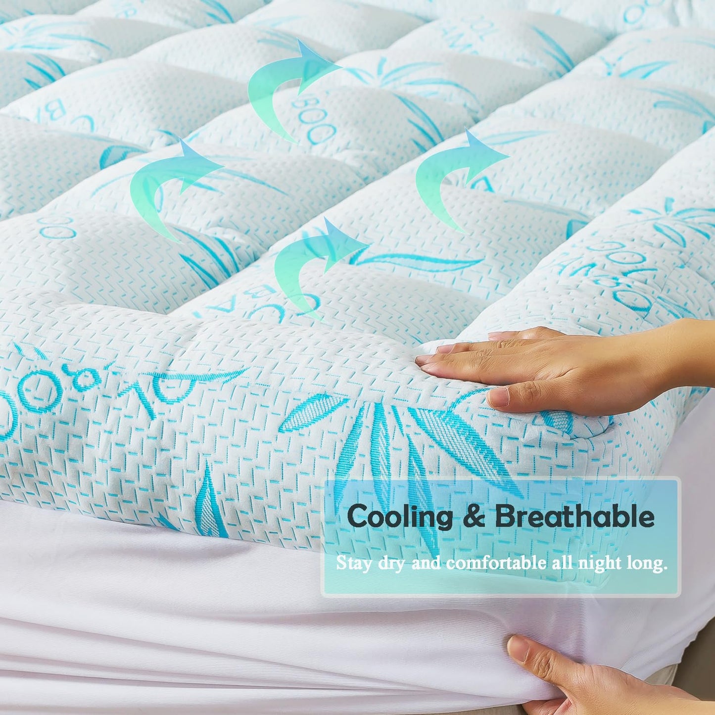 WhatsBedding 5 Inch Queen Mattress Topper Breathable Bamboo Viscose Air Layer,Memory Foam Mattress Topper Queen Size Blue.