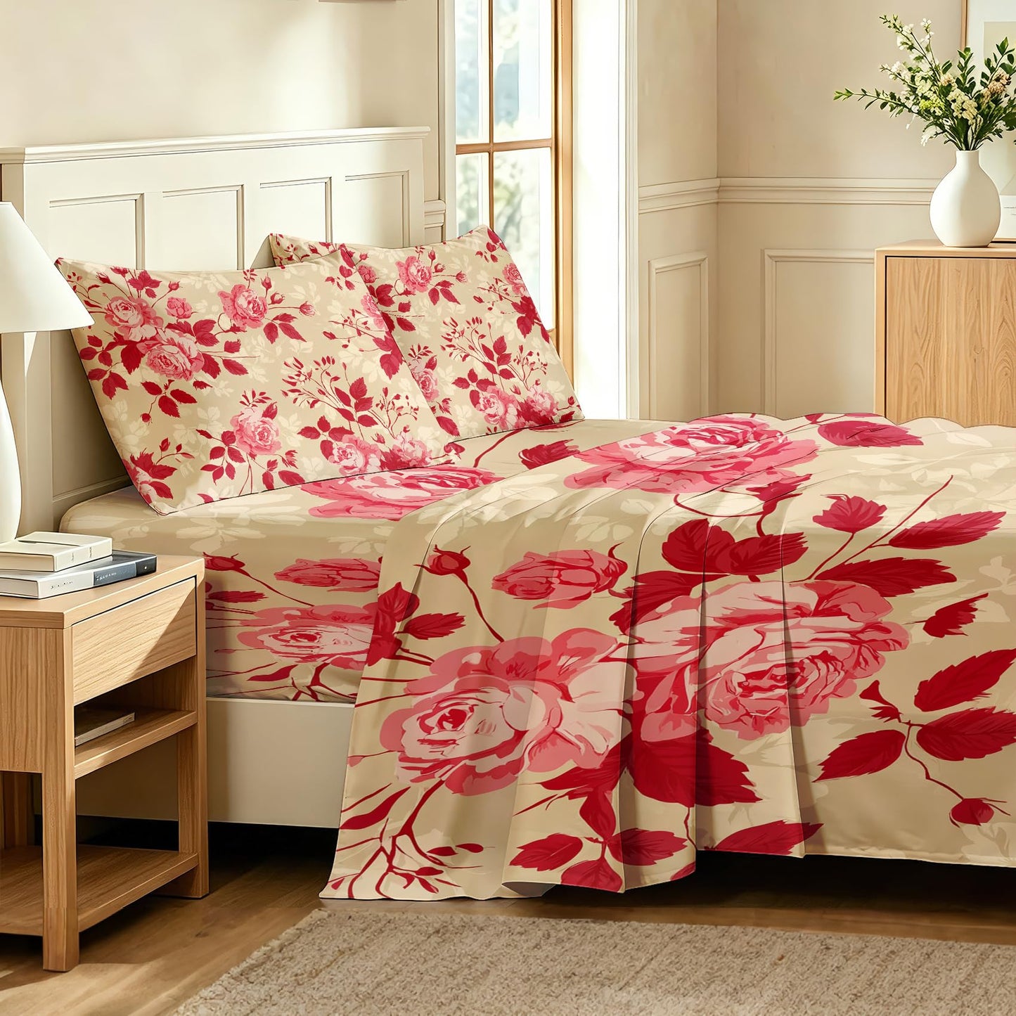 Red Rose California King Sheet Set 4 Pcs Vintage Floral Bed Sheets
