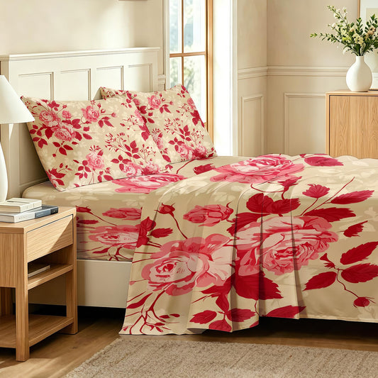 Red Rose California King Sheet Set 4 Pcs Vintage Floral Bed Sheets