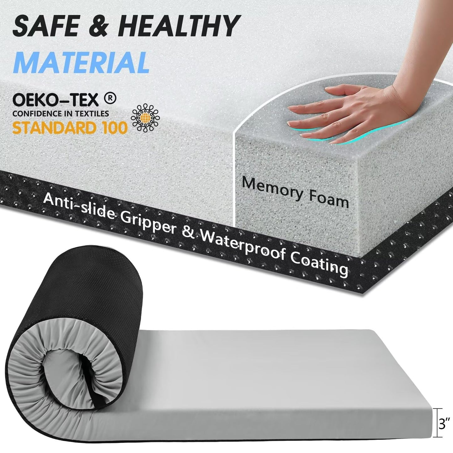 CYMULA 3 Inch Memory Foam Camping Pad, Camping Essentials Roll Up Floor Mat for Car Camping, Cot, Tent, Truck, Travel and Guest Use, Non-Slip Waterproof Bottom, Removable Cover