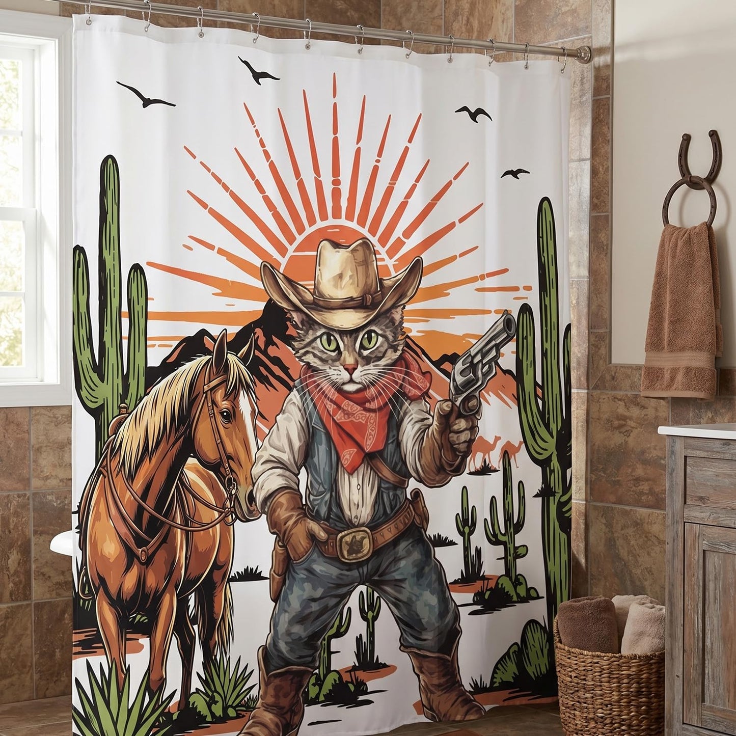 InIsaJace Cowboy Cat Shower Curtain, Funny Western Shower Curtains for Bathroom Decor, Waterproof Cactus Bath Tub Curtain with Hooks(71 X 71 Inches)