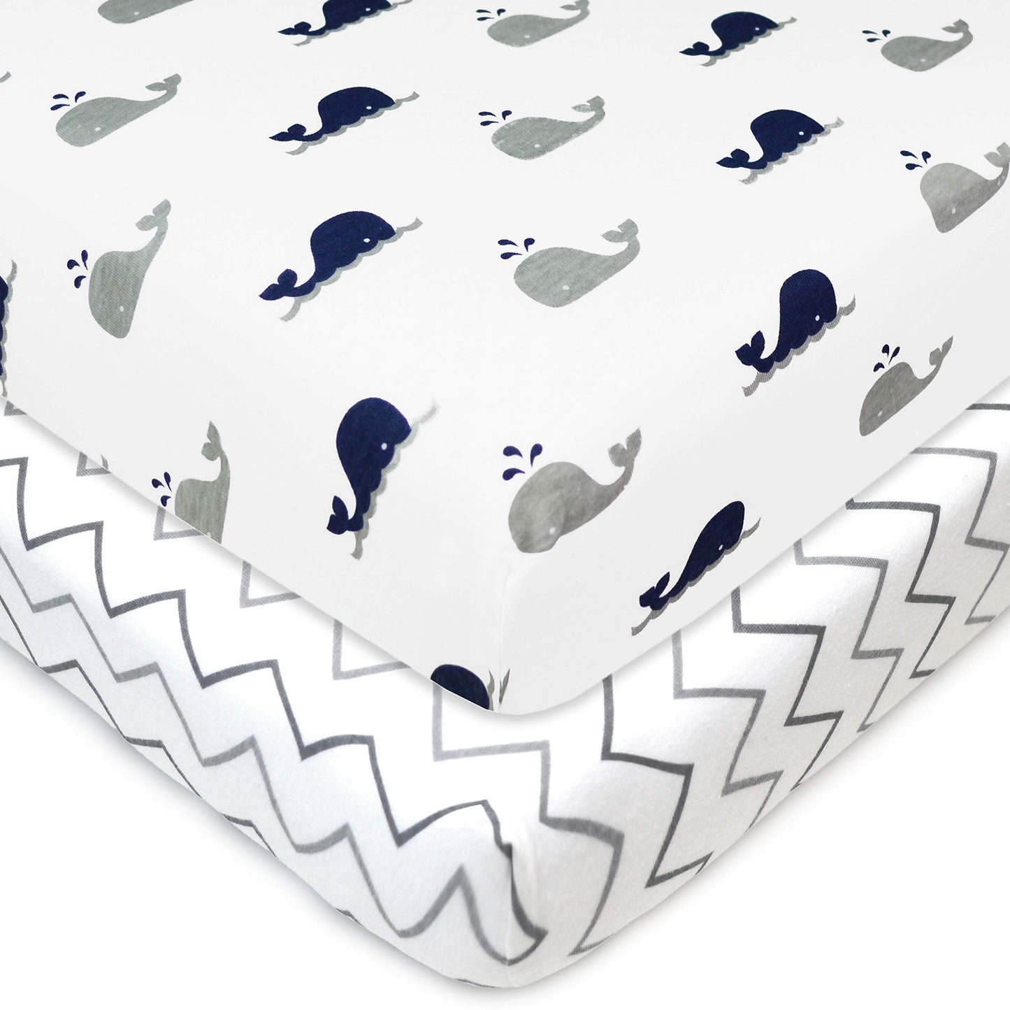TL Care 2 Pack 100% Natural Cotton Fitted Pack and Play Sheets 39" x 27" - Soft & Breathable Pack N Play Sheets for Playard & Mini Crib Mattress, Navy Whale/Gray Zigzag, for Boys & Girls