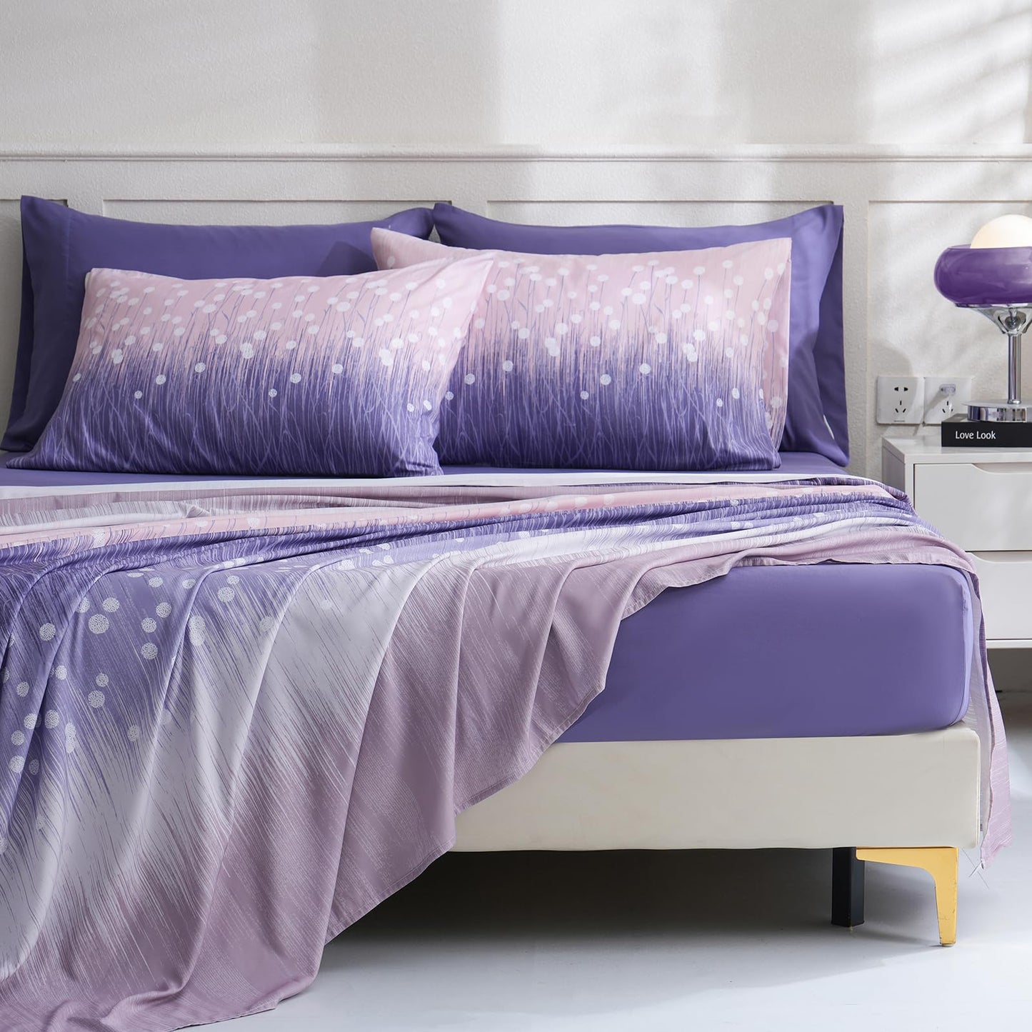 LONAVA Patchwork King Size 6 Pcs Sheet Set, Breathable Microfiber Deep Pocket Purple Fitted Sheets, Comfy & Breathable Patterned Flat Sheets,4 Gentle Soft Pillowcases, Purple Blossom