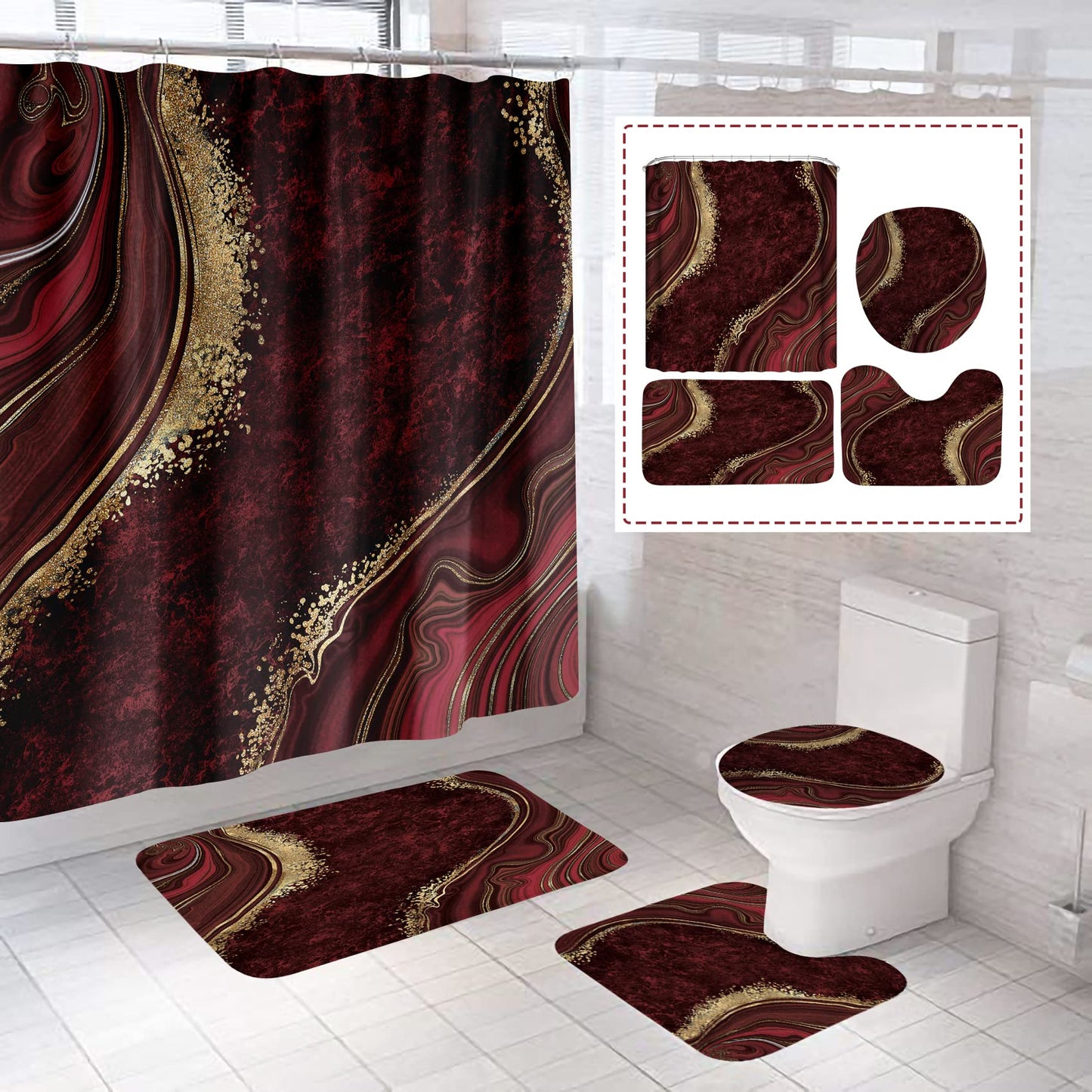 beifivcl 4Pcs Luxury Marble Shower Curtain Sets, Bathroom Sets with Shower Curtain, Toilet Lid Rug, Contour Mat and Bath Mat, Shower Curtain with 12 Hooks for Bathroom Set Decor (72 x 72 Inch), Red