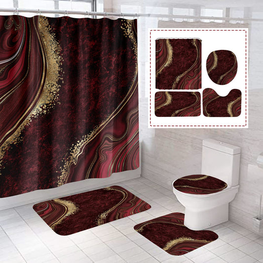 beifivcl 4Pcs Luxury Marble Shower Curtain Sets, Bathroom Sets with Shower Curtain, Toilet Lid Rug, Contour Mat and Bath Mat, Shower Curtain with 12 Hooks for Bathroom Set Decor (72 x 72 Inch), Red
