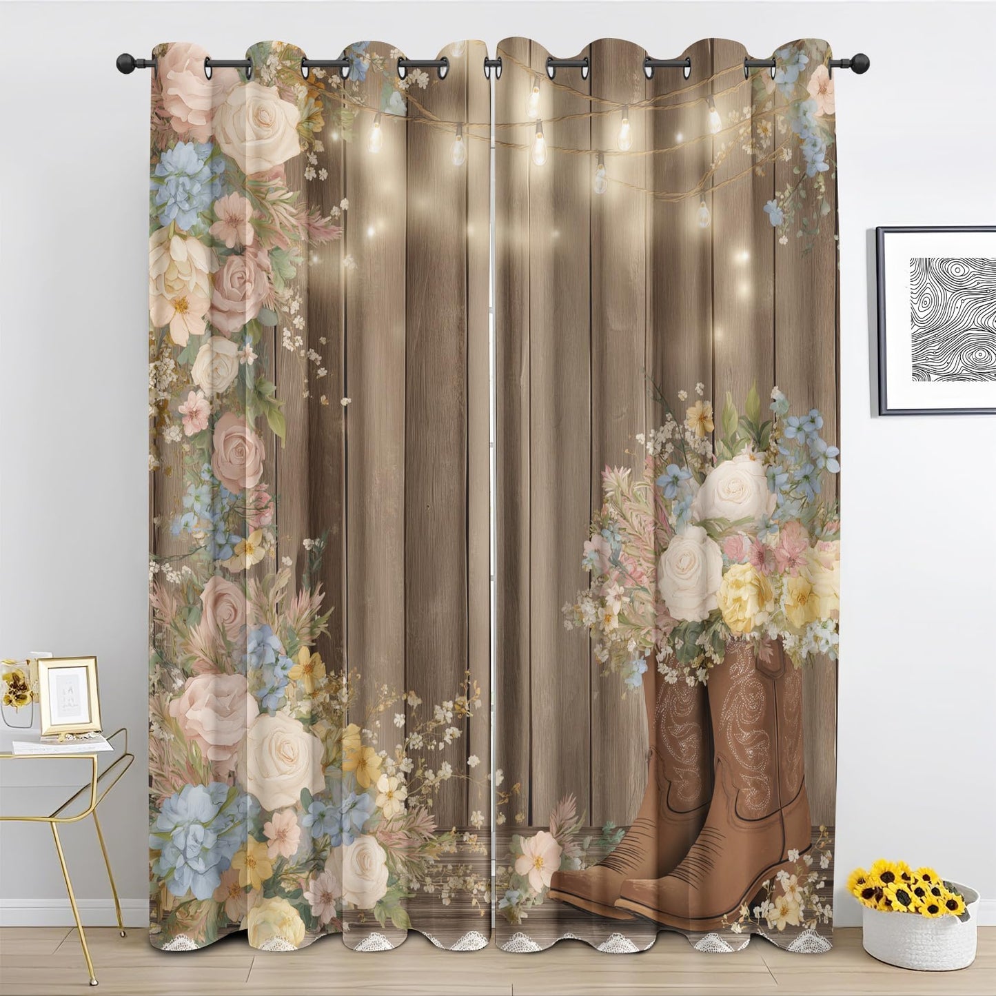 Rustic Western Curtains 63 Inch Length 2 Panels, Cowboy Boot Floral Blackout Curtains for Bedroom Living Room, Brown Wooden Door Drapes Grommet Thermal Insulated 52Wx63L Inch Window Decor UG&228