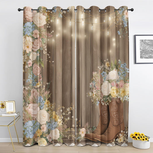 Rustic Western Curtains 63 Inch Length 2 Panels, Cowboy Boot Floral Blackout Curtains for Bedroom Living Room, Brown Wooden Door Drapes Grommet Thermal Insulated 52Wx63L Inch Window Decor UG&228