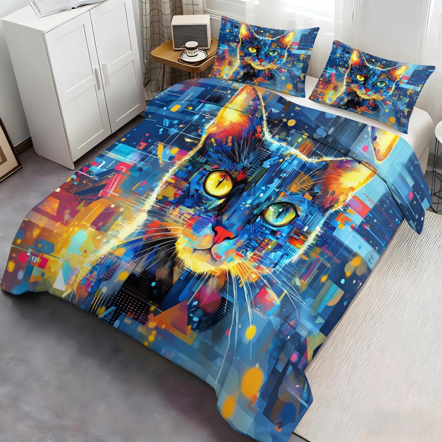 ZAMODE Cat Duvet Cover Queen Size, Mystic Pet Kitten Comforter Cover 90" x 90" & 2 Pillowcases, Sci-Fi Cats Bedding Set with Zipper Ties