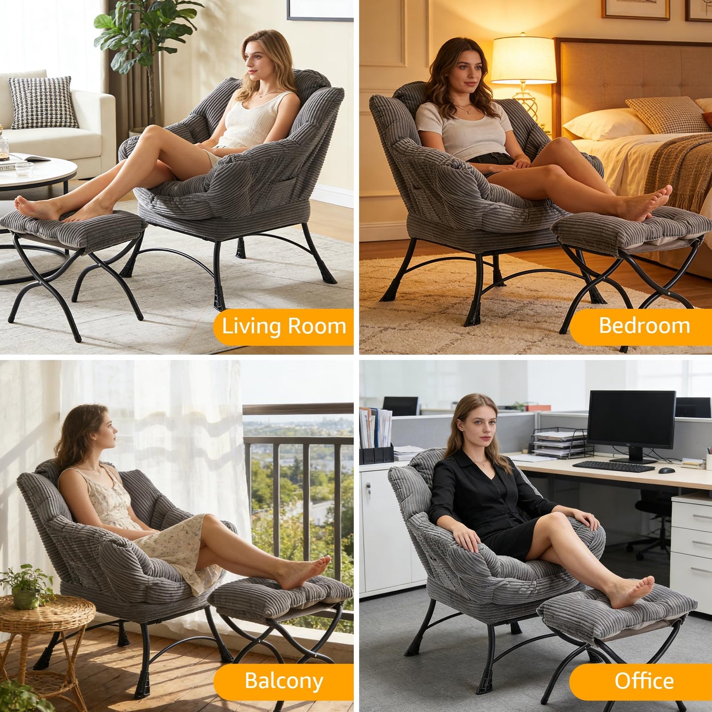 XUOXFUTZIG Lazy Chair with Ottoman, Oversized Comfy Accent Chair, 400LBS Heavy Duty Metal Frame, Thick Cushion Corduroy Lounge Chair for Living Room Bedroom Reading, Dark Gray